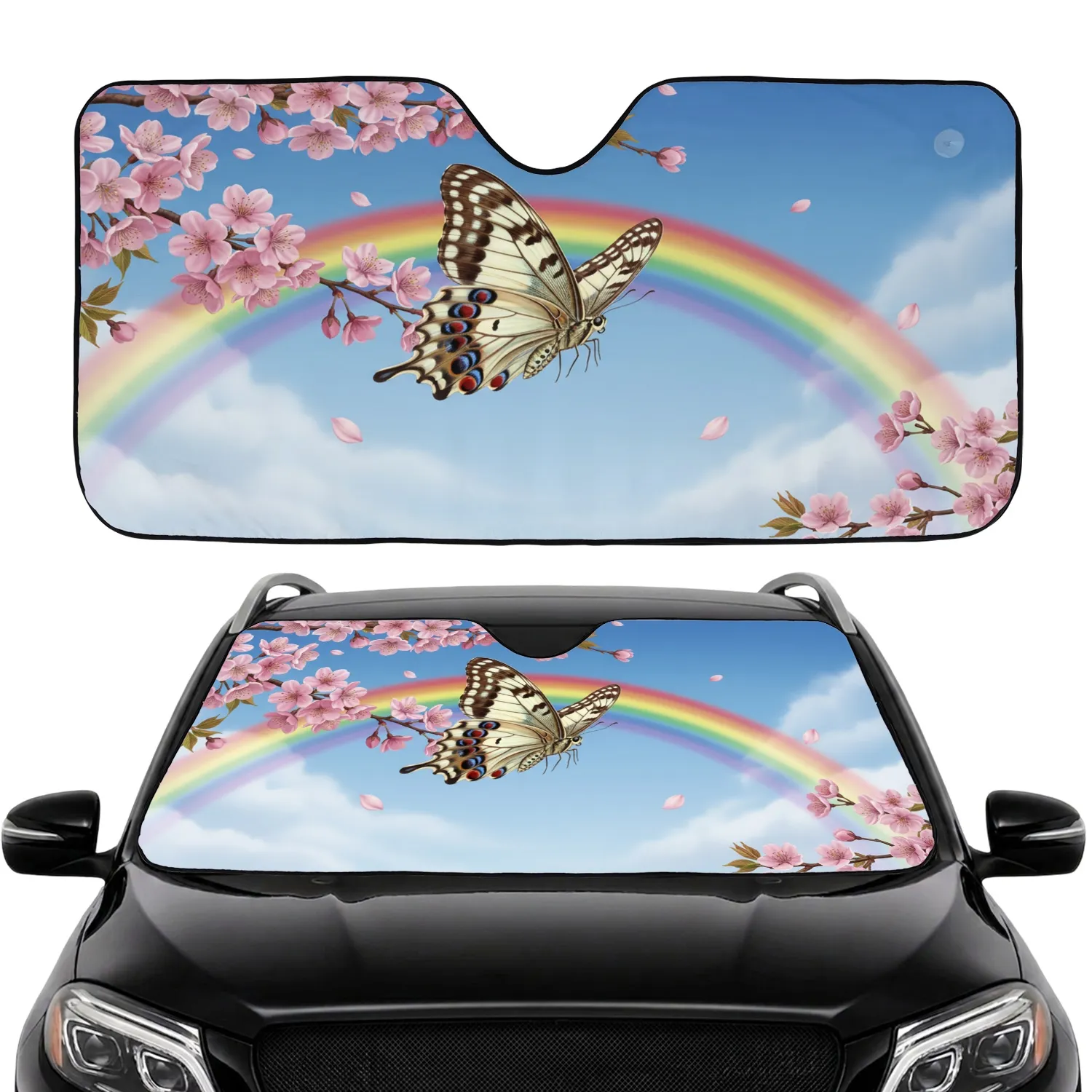 Cream Butterfly Pink Cherry Blossom Arching Rainbow Sky Car Sunshade - 1