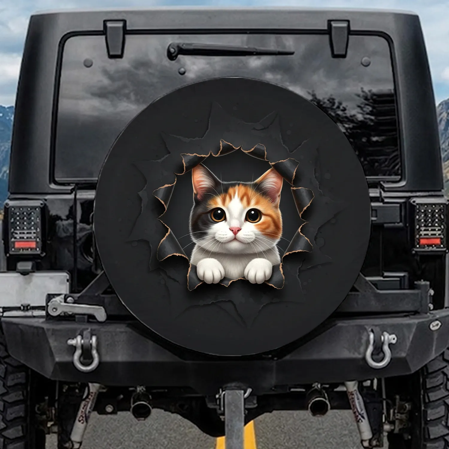 Calico Cat Curious Innocent Eyes Jagged Opening Torn Edges - Everyday Cat Lover Gift Spare Tire Cover - 1