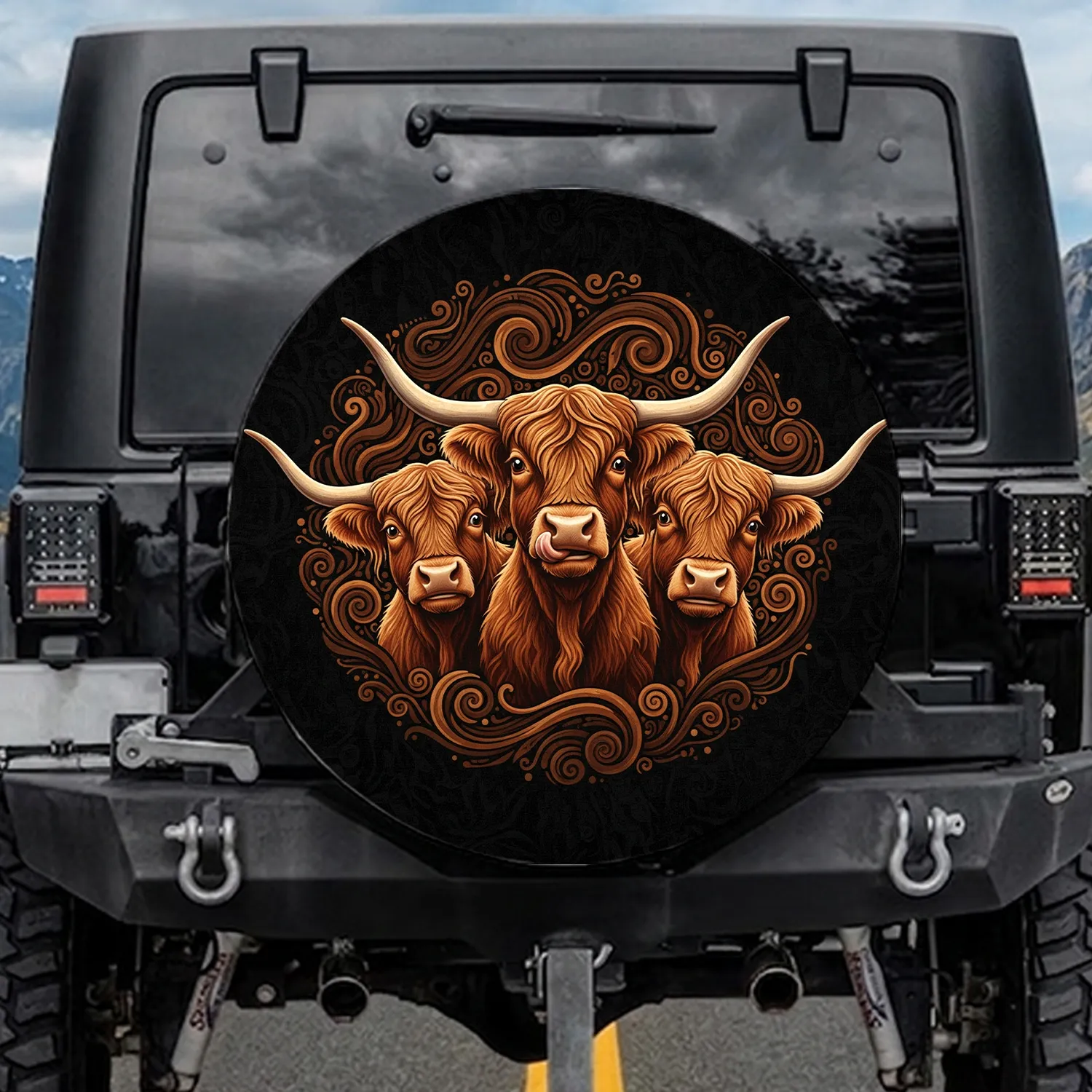 Rich Brown Expressive Highland Cow Trio - Farmhouse Decor Gift for Cow Lover Spare Tire Cover - 1