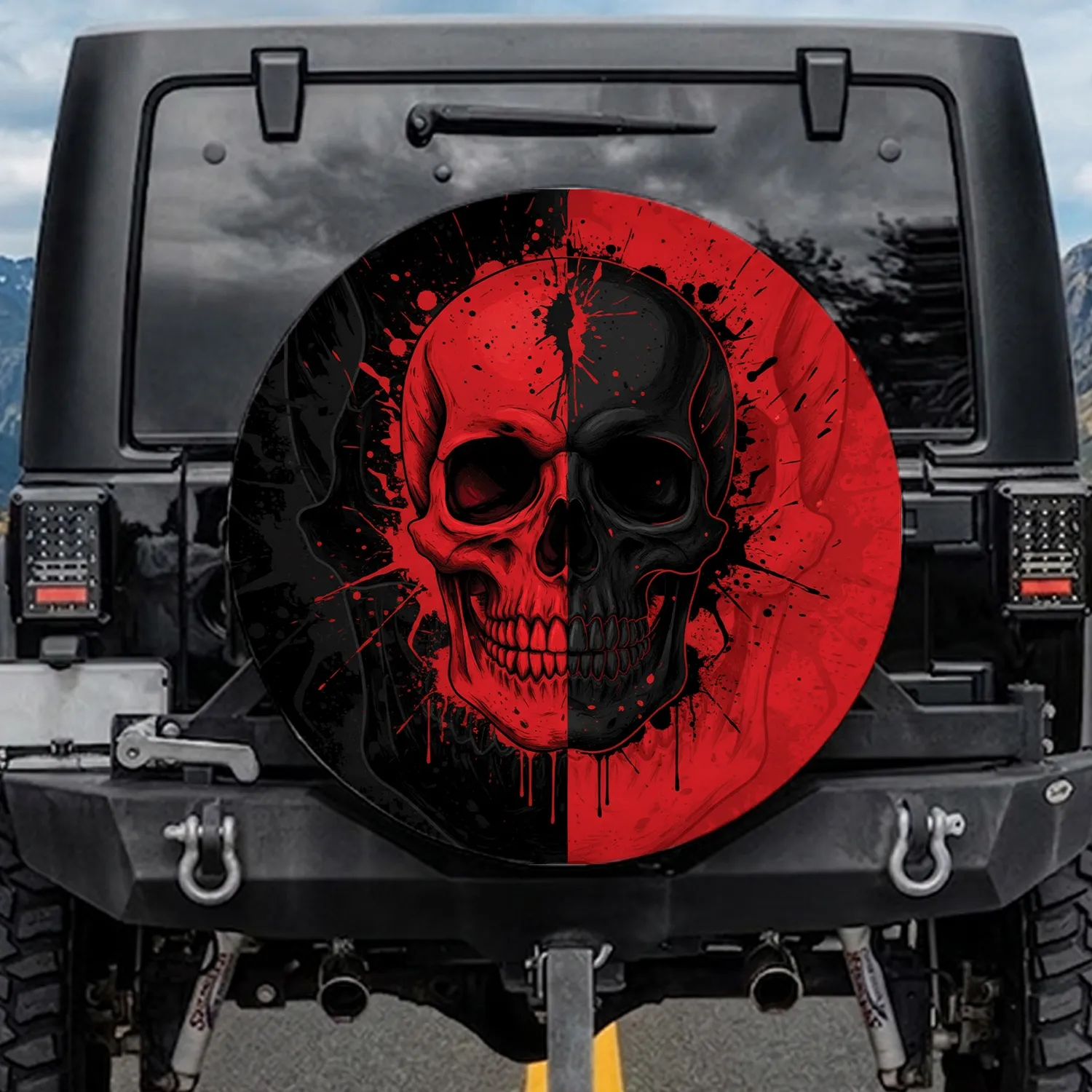 High Contrast Realistic Split Skull Crimson Black Grunge Dark Fantasy Car Decor Spare Tire Cover - 1