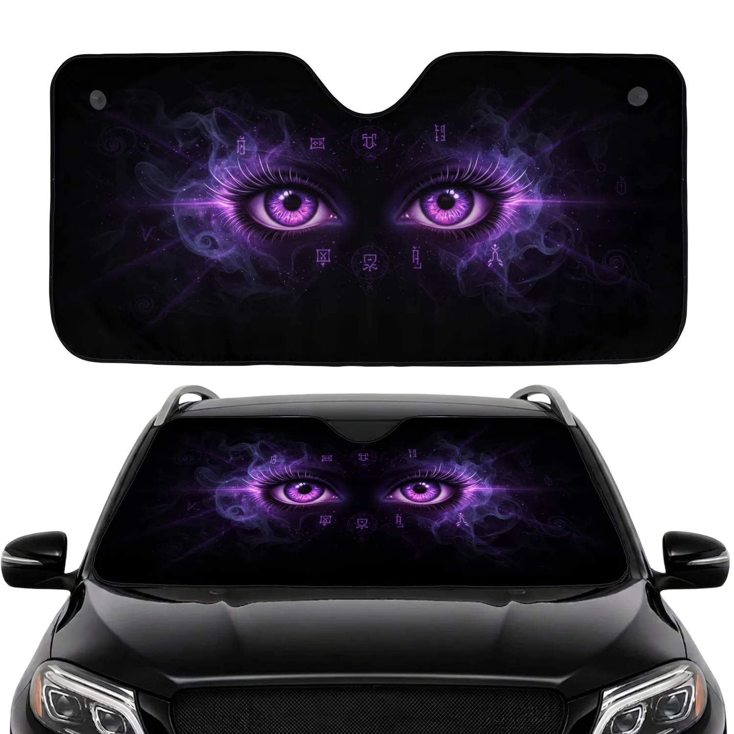 Piercing Glowing Eyes Swirling Irises Shimmering Eyelashes Arcane Symbols Car Sunshade - 1