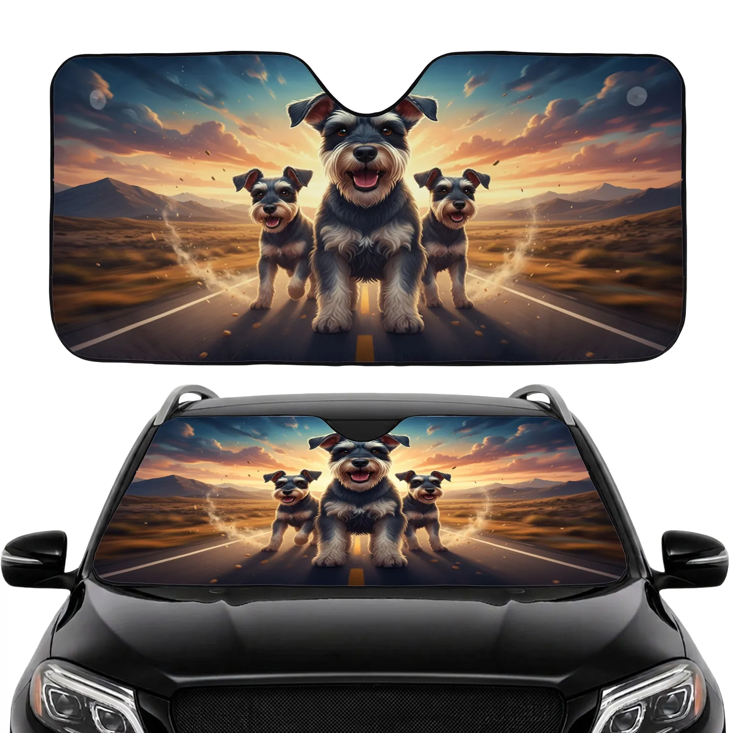 Happy Miniature Schnauzers Highway Drive Adventure - Travel Essentials Dog Lover Gift Car Sunshade - 1