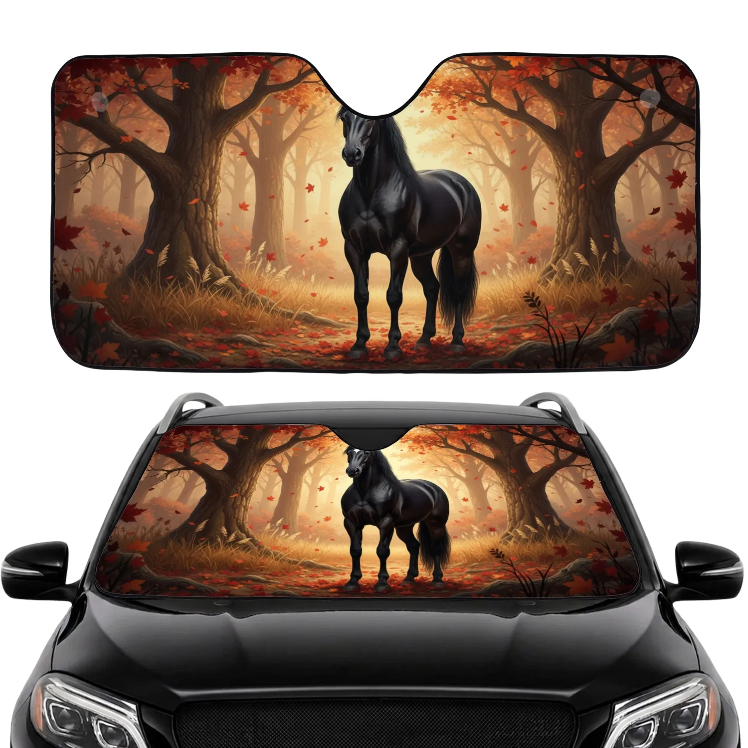 Majestic Black Horse Autumn Forest - Wildlife Lover Gift Car Sunshade - 1