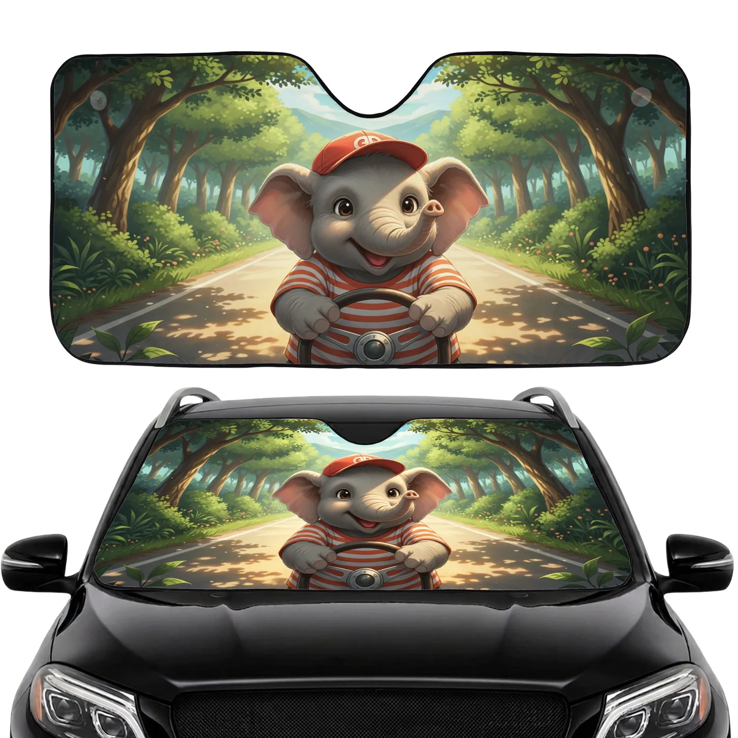 Baby Elephant Steering Wheel Forest Road Trip - Adventure Car Decor Car Sunshade - 1