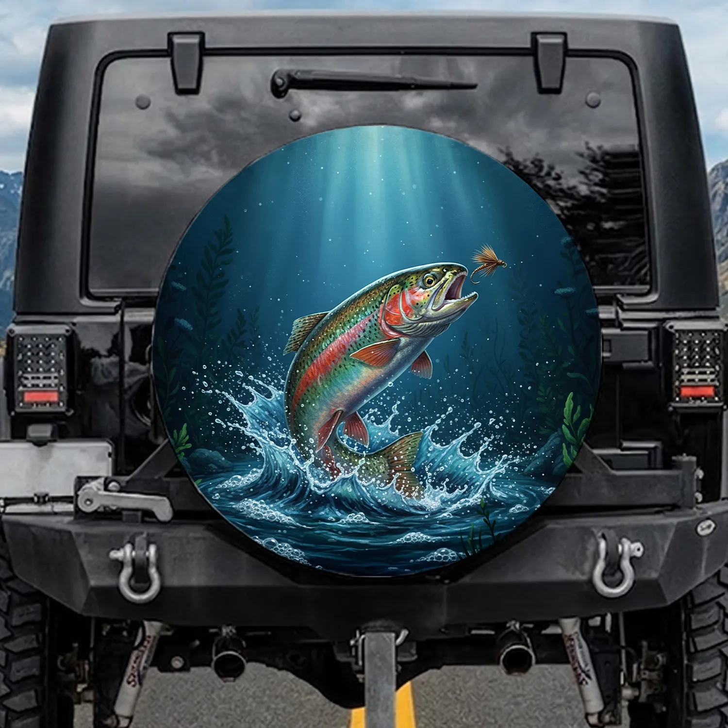 Rainbow Trout Fishing Fly Leaping Water - Fishing Enthusiast Gift Spare Tire Cover - 1