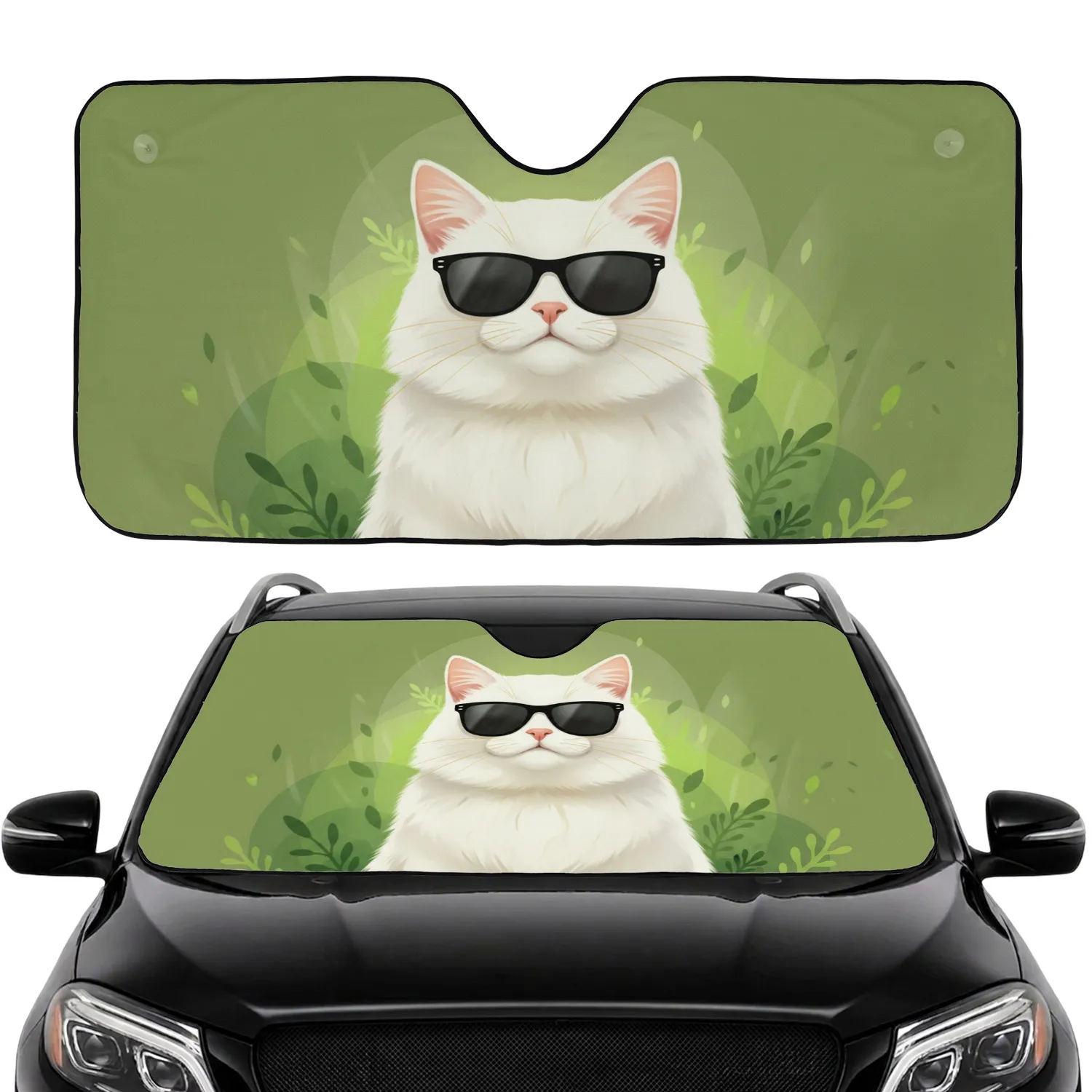 Fluffy White Cat Wayfarer Sunglasses Olive Green Leaf - Cat Lover Everyday Gift Car Sunshade - 1