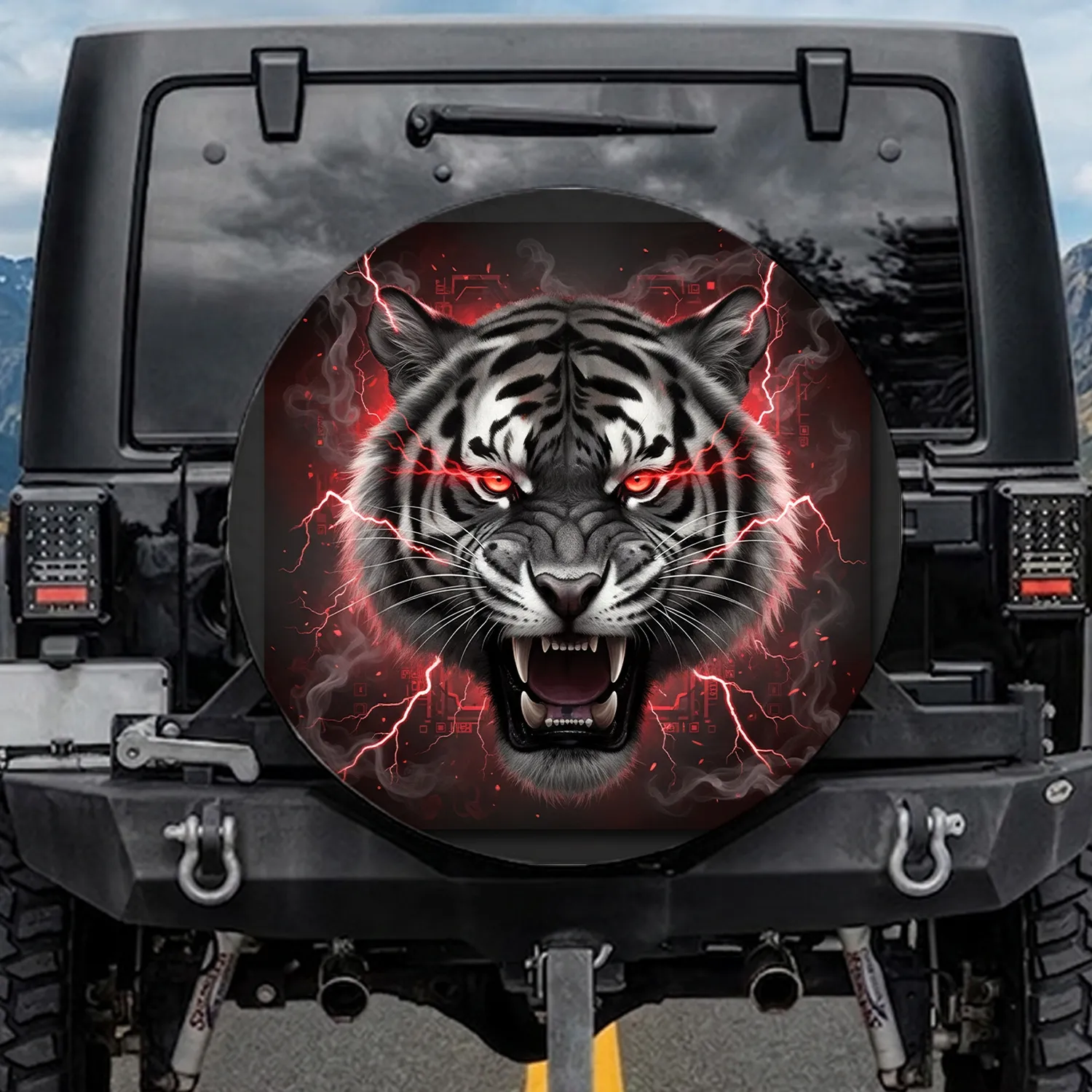 Monochrome Tiger Face Glowing Eyes Crimson Lightning Crackling Energy Wildlife Lover Gift Spare Tire Cover - 1