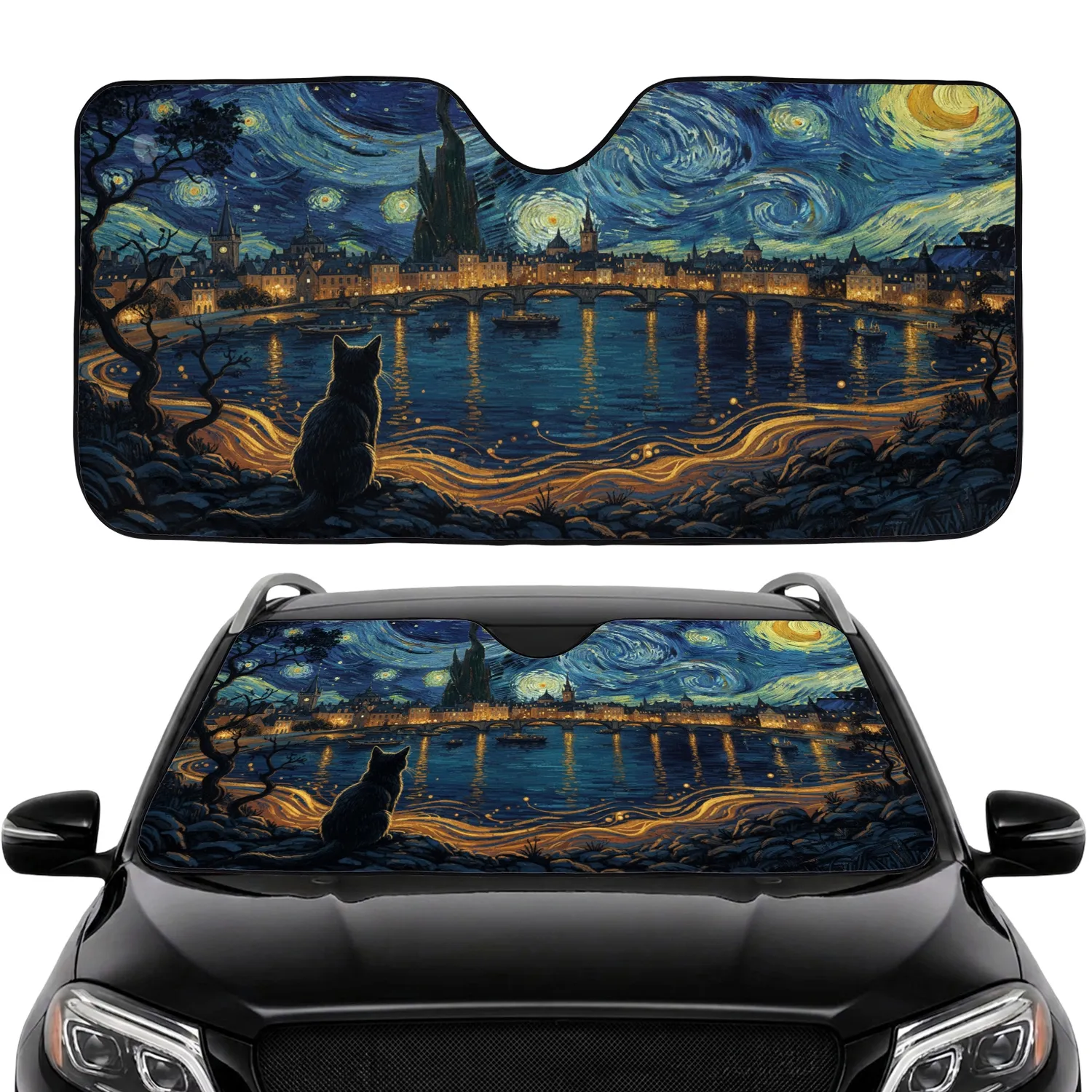 Black Cat European City Lights Coastal Starry Night Sky Shoreline - Travel Essentials Gift Car Sunshade - 1