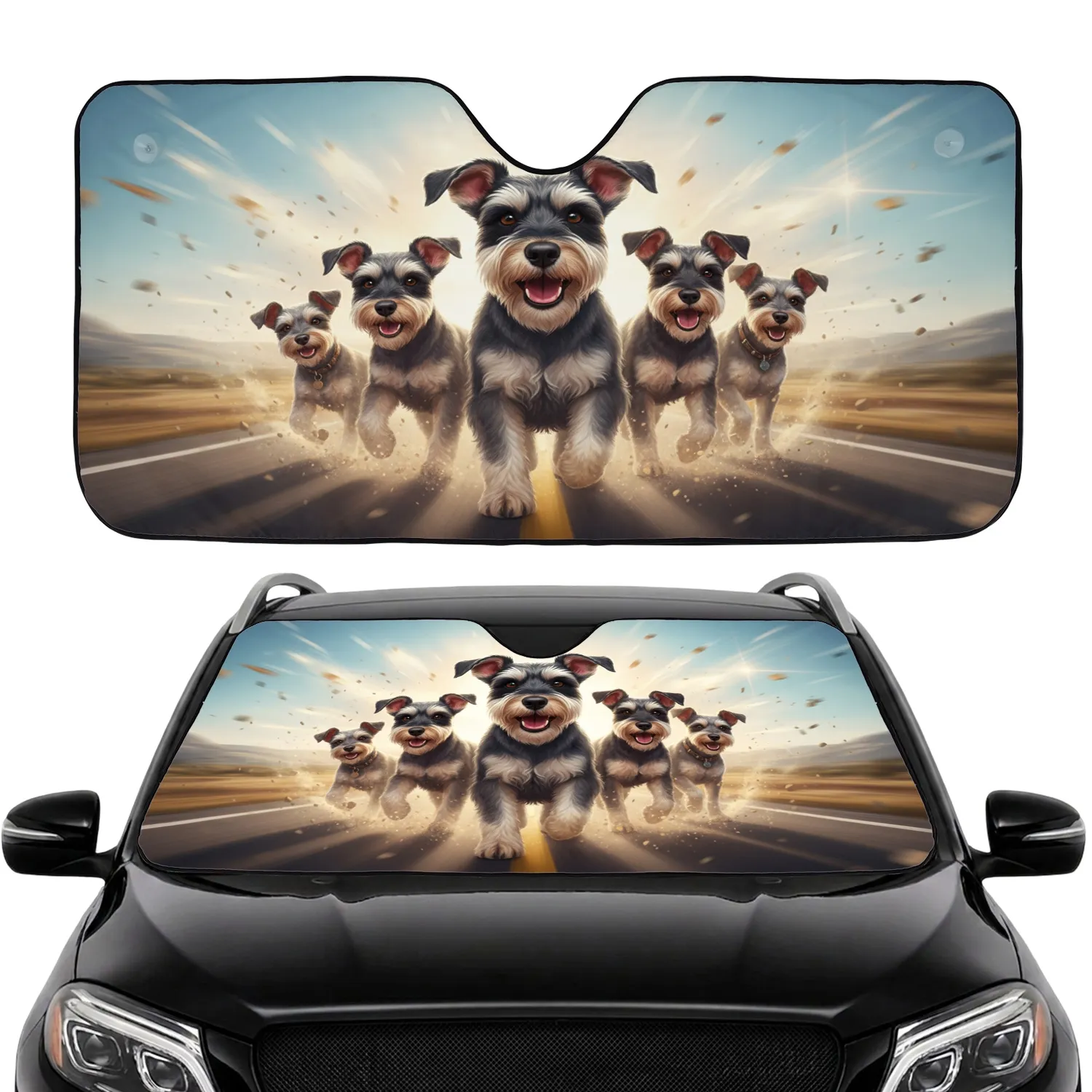 Miniature Schnauzer Dogs Road Trip - Dog Lover Adventure Travel Gift Car Sunshade - 1