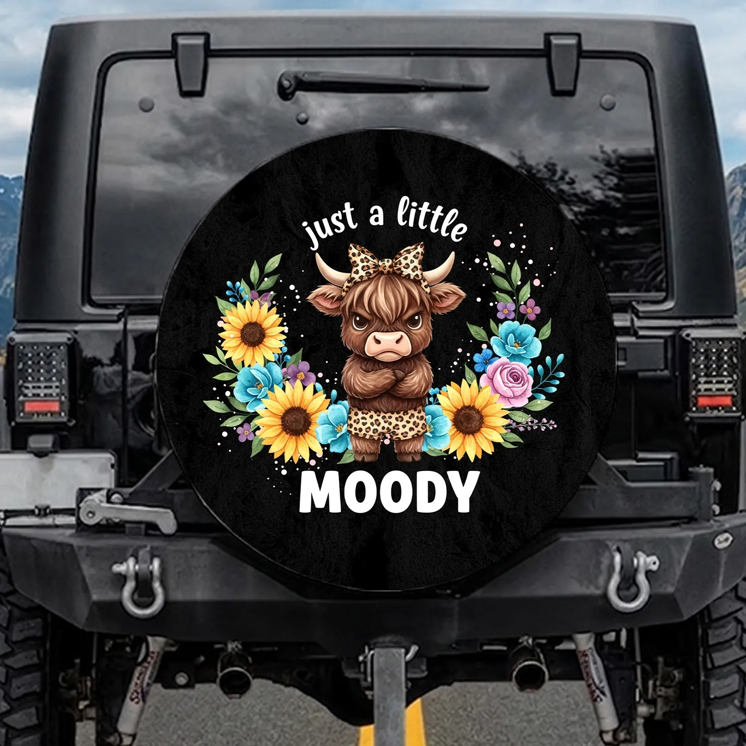 Highland Cow Calf Leopard Bow 'just a little MOODY' Floral - Farmhouse Decor Gift Spare Tire Cover - 1