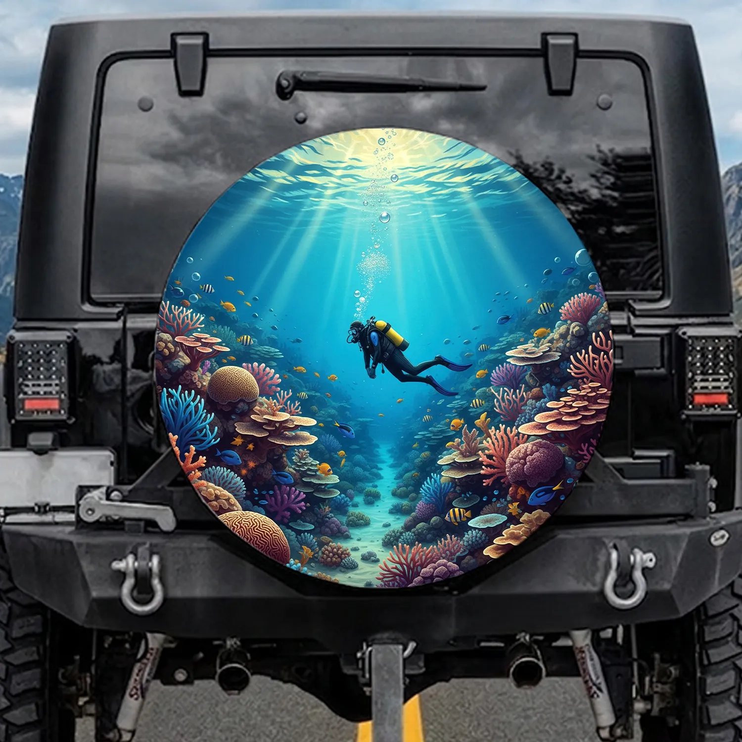 Scuba Diver Coral Reef Fish Sunlit Ocean Depths - Adventure Travel Gift for Explorer Spare Tire Cover - 1