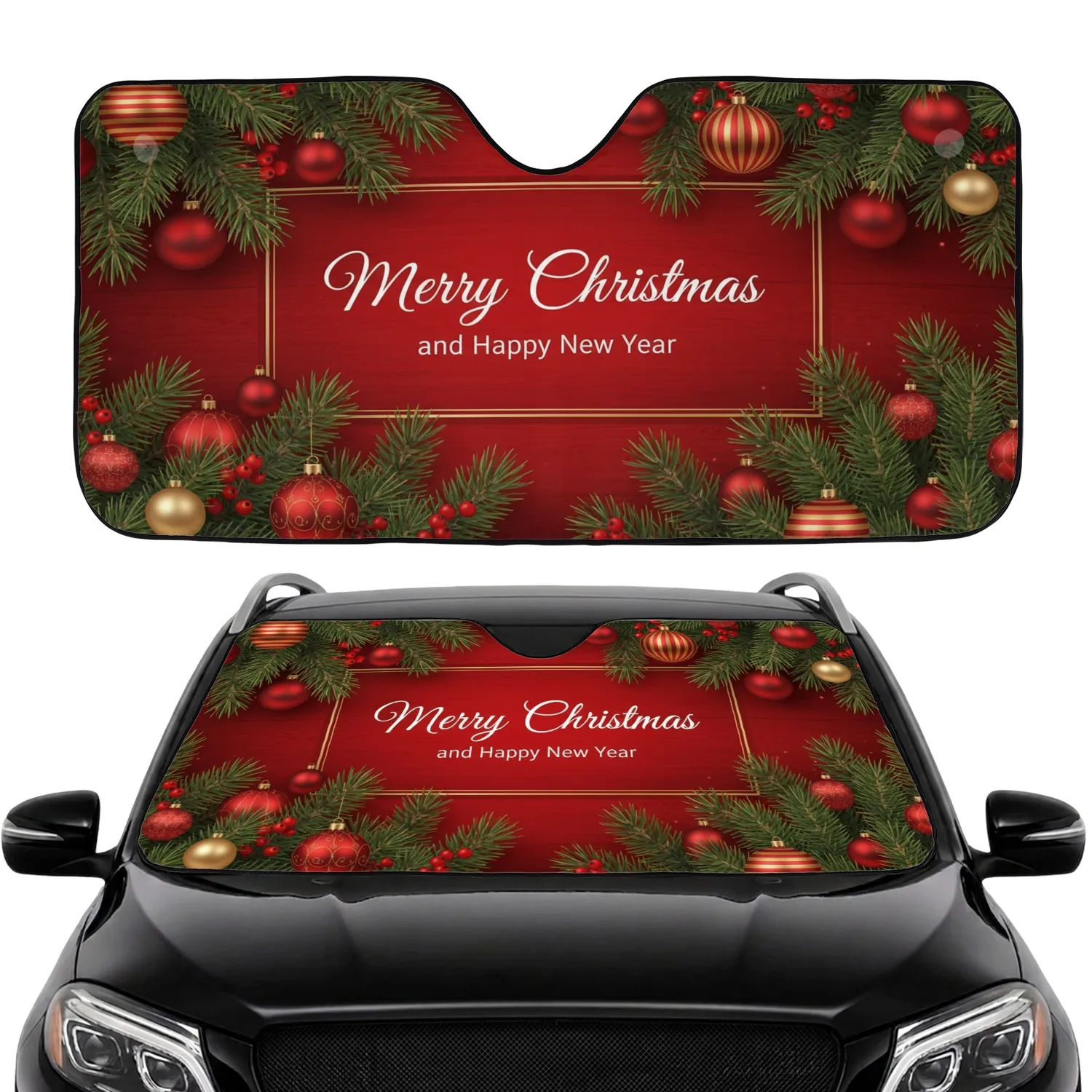 Merry Christmas Happy New Year Pine Branches Baubles Berries - Christmas Holiday Gift Car Sunshade - 1