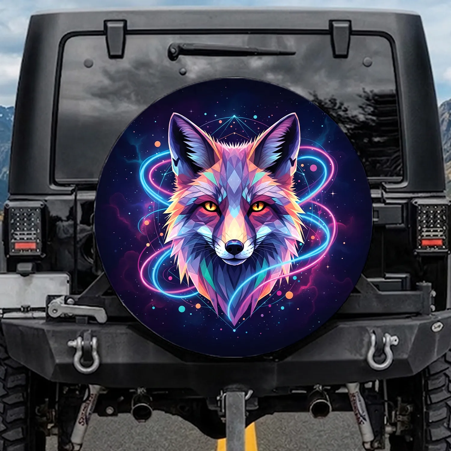 Crystalline Polygonal Fox Head Cosmic Night - Wildlife Lover Gift Spare Tire Cover - 1