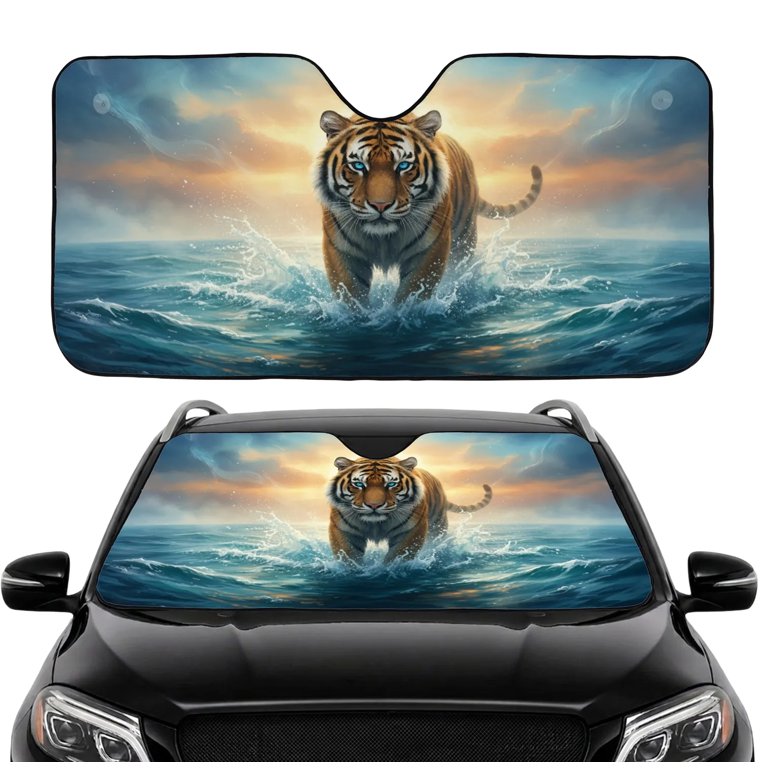 Powerful Bengal Tiger Blue Eyes Turbulent Water Golden Sky - Wildlife Lover Gift Car Sunshade - 1