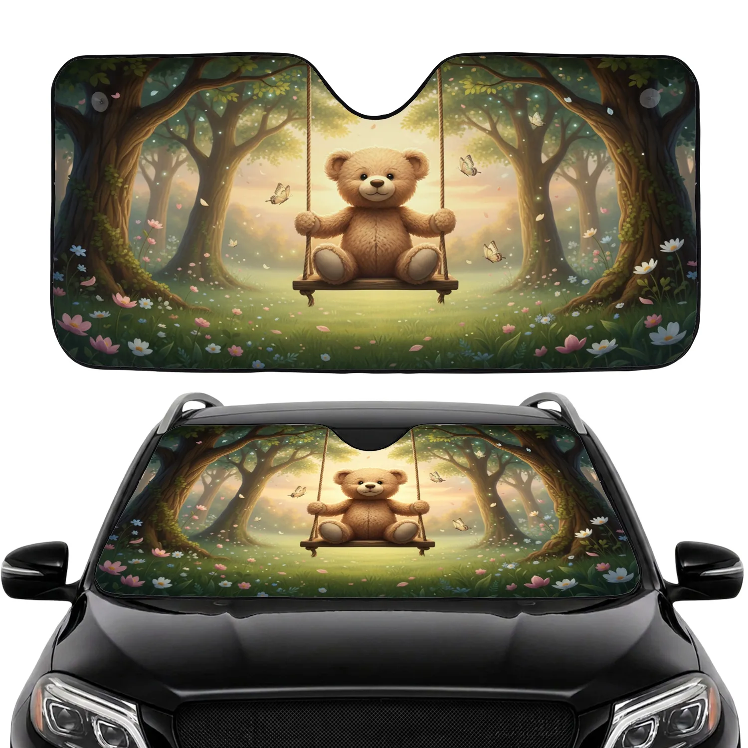 Teddy Bear Wooden Swing Butterflies Wildflowers Enchanted Forest - Nature Lover Gift Car Sunshade - 1