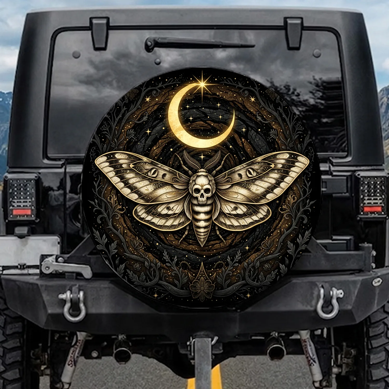 Death's-head Hawkmoth Gothic Floral Crescent Moon - Mystical Art Lover Gift Spare Tire Cover - 1