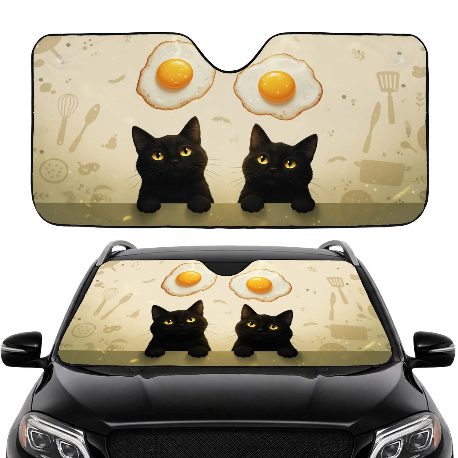 Curious Black Cats Fried Eggs Cooking Utensils - Everyday Home Decor for Cat Lover Car Sunshade - 1