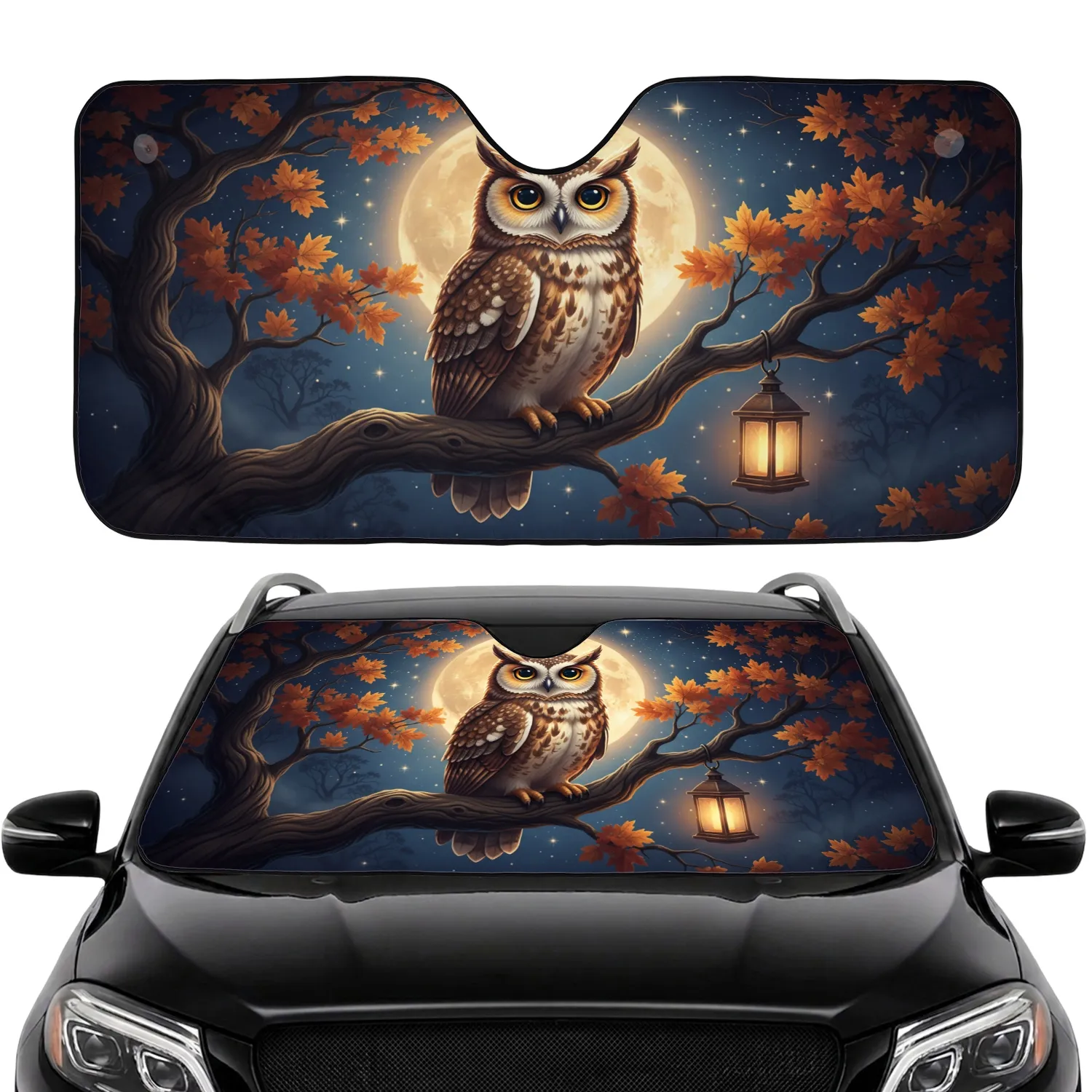 Owl Full Moon Gnarled Branch Autumn Leaves Antique Lantern - Wildlife Lover Gift Car Sunshade - 1