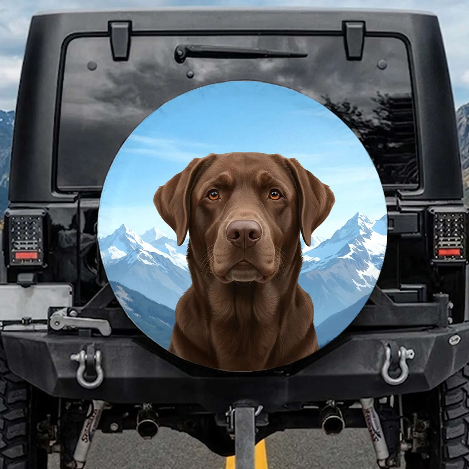 Chocolate Labrador Snow-Covered Mountains - Dog Lover Outdoor Adventure Gift Spare Tire Cover - 1