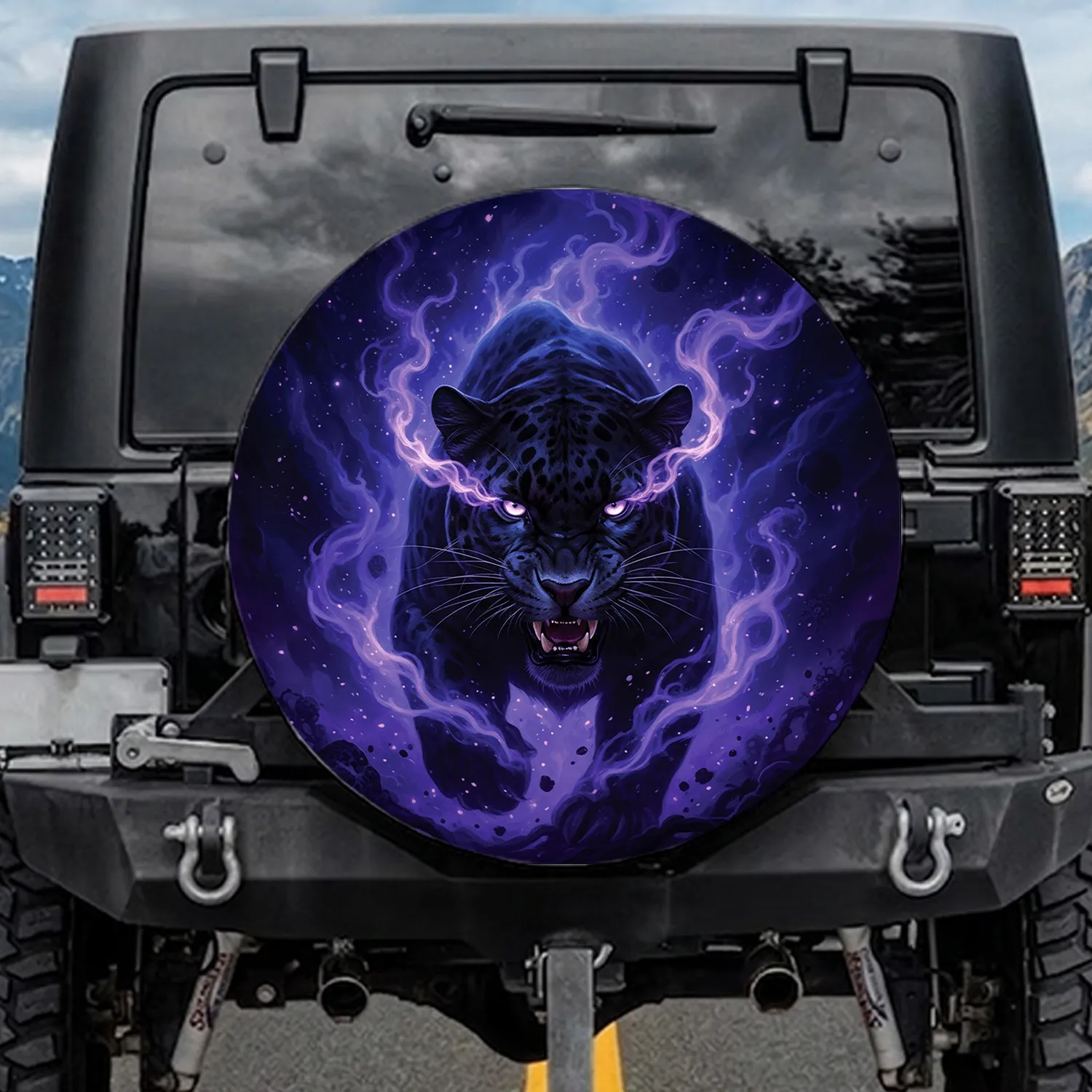 Black Panther Piercing Neon Purple Eyes Purple Smoke Cosmic Nebulae - Fantasy Lover Wildlife Gift Spare Tire Cover - 1