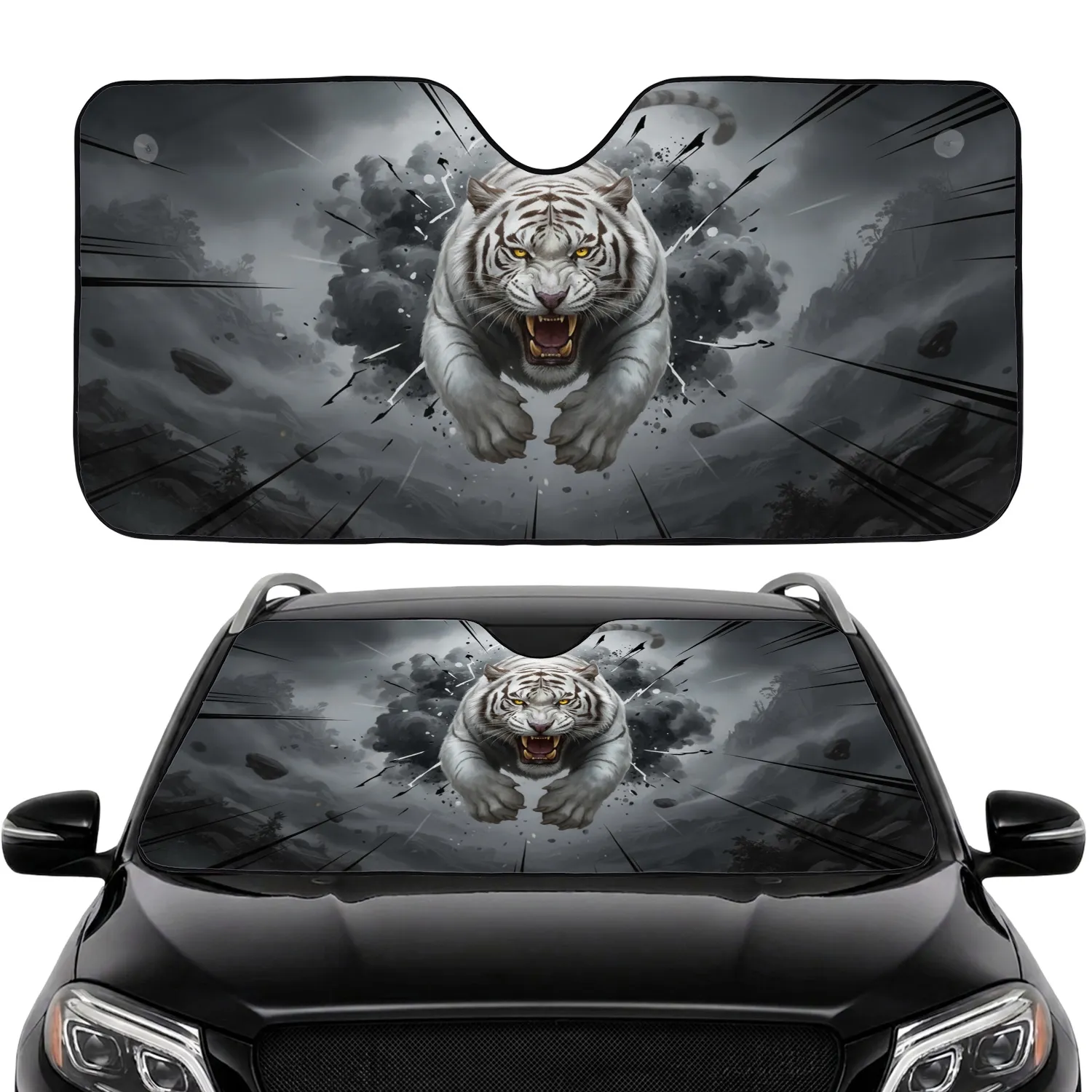 Enraged White Tiger Snarling Golden Fangs Energy Streaks - Wildlife Lover Gift Car Sunshade - 1