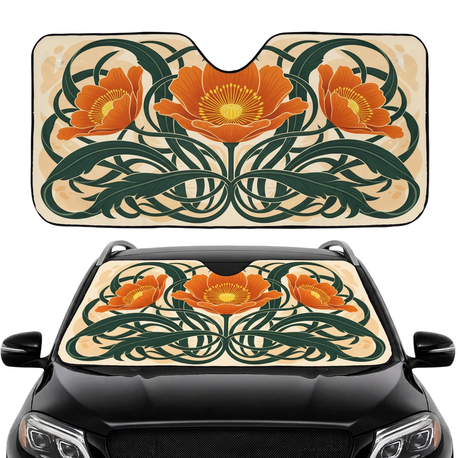 Orange Poppy Flowers Deep Green Leaves Botanical Car Decor Gift Car Sunshade - 1