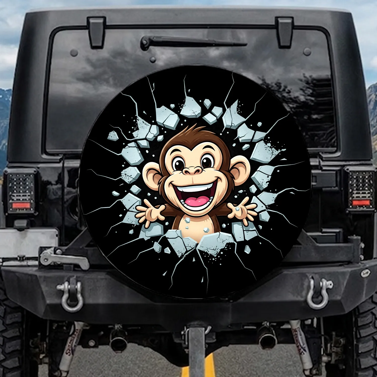 Mischievous Grinning Monkey Tearing Cracked Surface from Dark Void Car Decor Gift Spare Tire Cover - 1