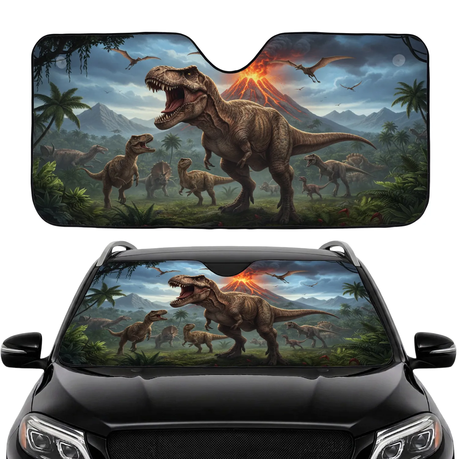 Colossal Roaring T-Rex Dinosaurs Volcano Jungle Prehistoric Adventure Car Decor Car Sunshade - 1