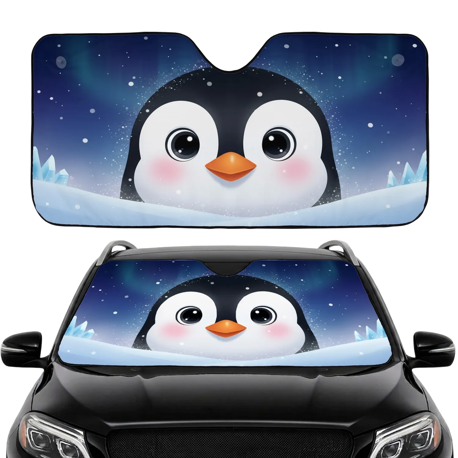 Penguin Face Expressive Black Eyes Orange Beak Snow Arctic Night - Winter Decor Gift Car Sunshade - 1