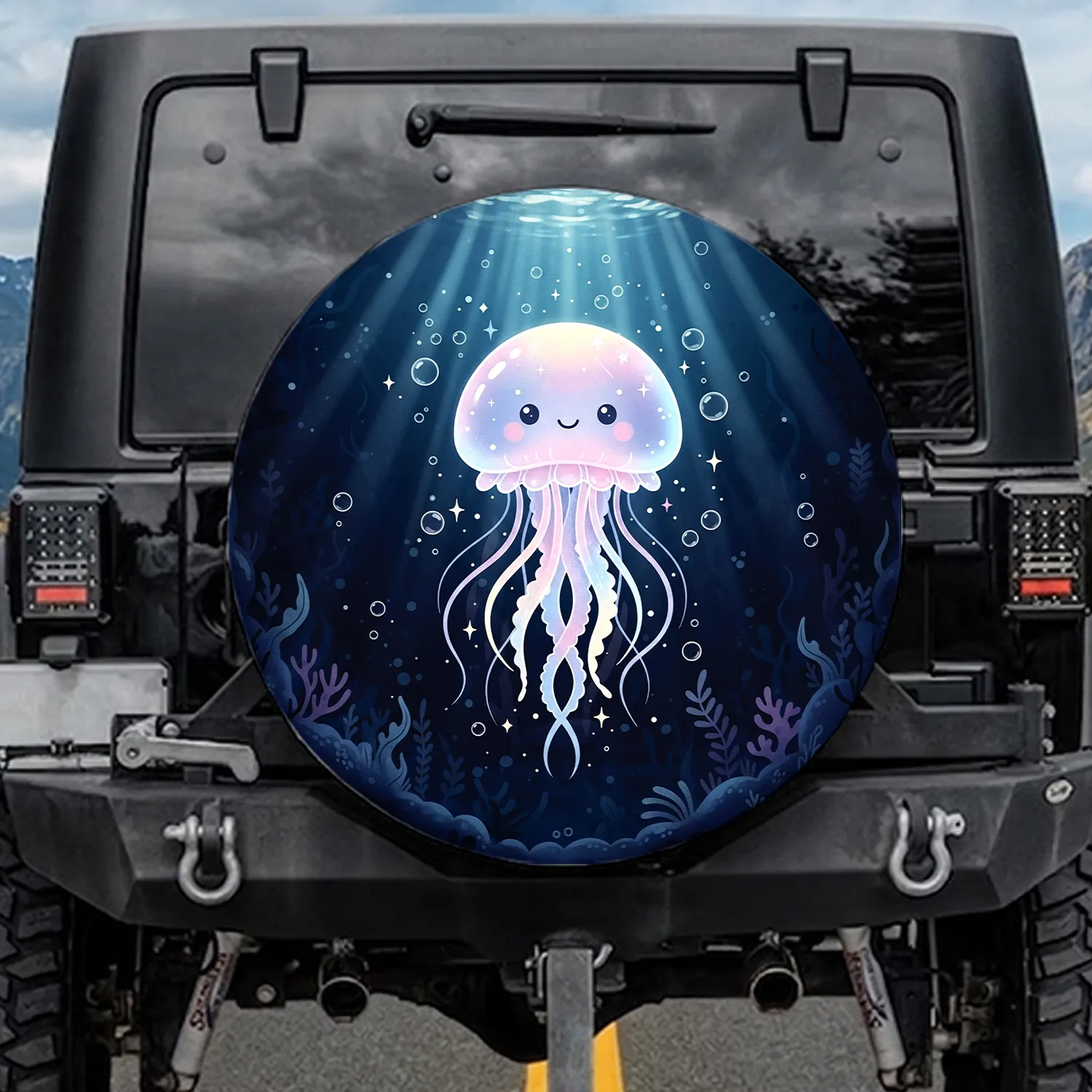 Smiling Cartoon Jellyfish Star Sparkle Deep Sea - Ocean Lover Gift Spare Tire Cover - 1
