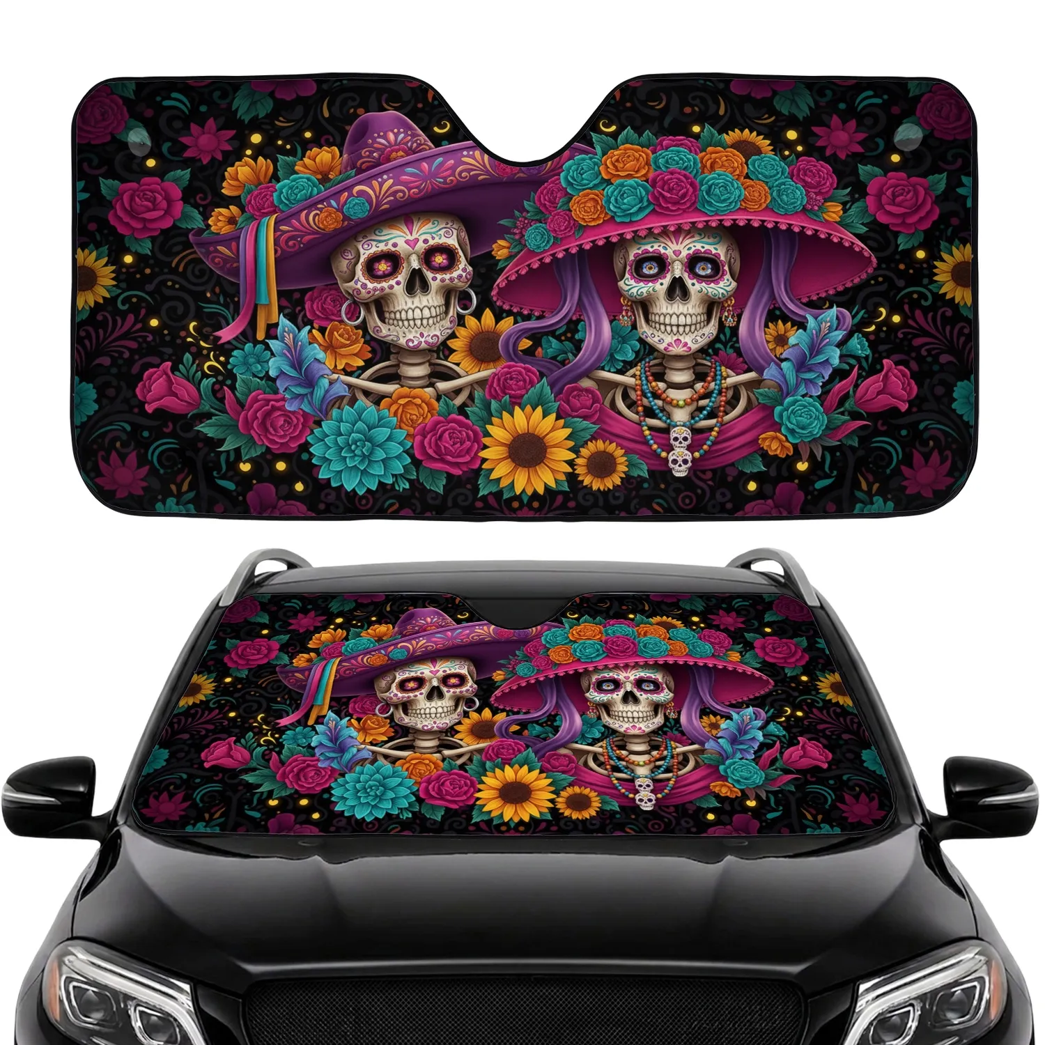 Male Female Sugar Skull Sombrero Calaveras Mexican Flowers Car Sunshade - 1