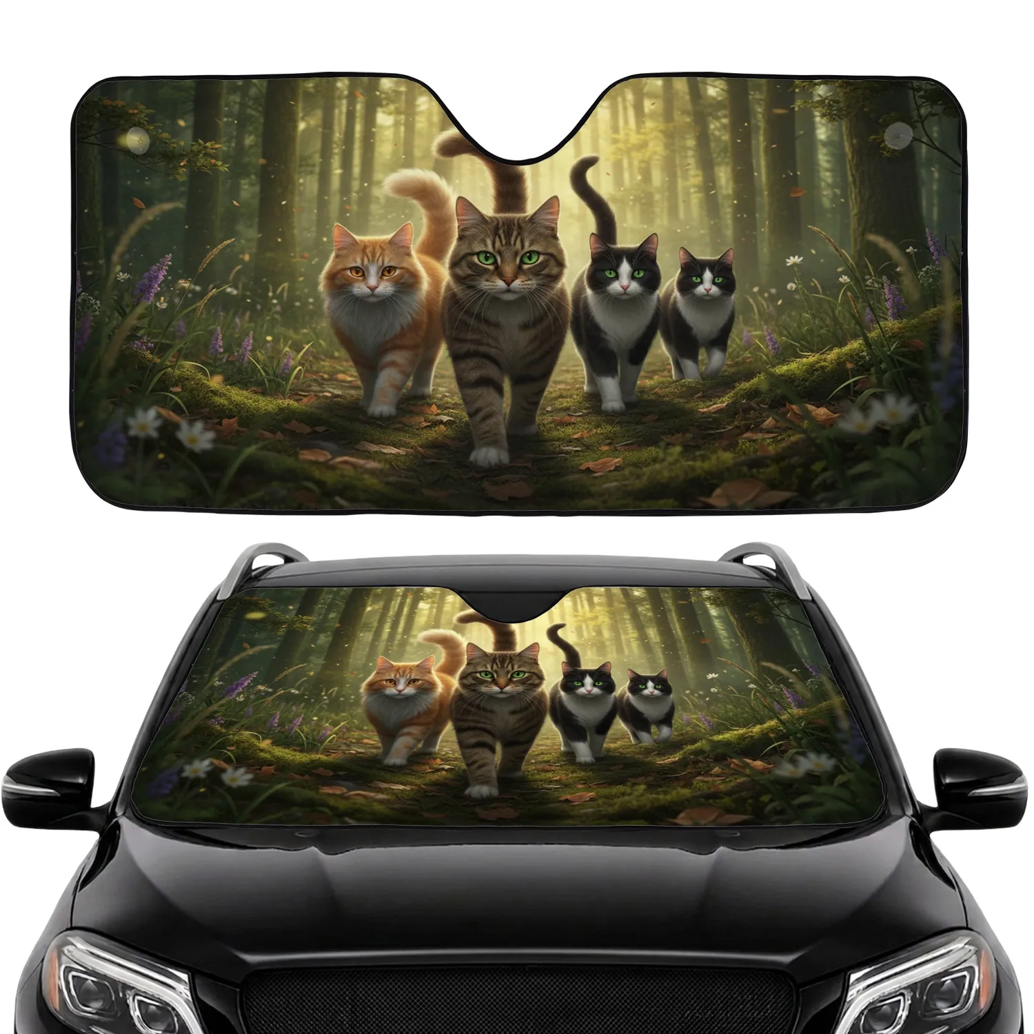 Tabby Ginger Black White Cats Sun-Dappled Forest Wildflowers - Cat Lover Gift Car Sunshade - 1