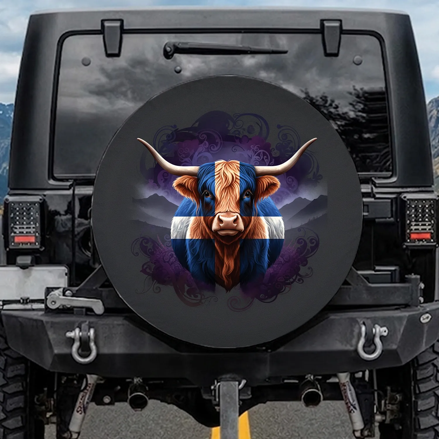 Highland Cow Scottish Flag - Highland Farmhouse Decor Gift for Cow Lover Spare Tire Cover - 1