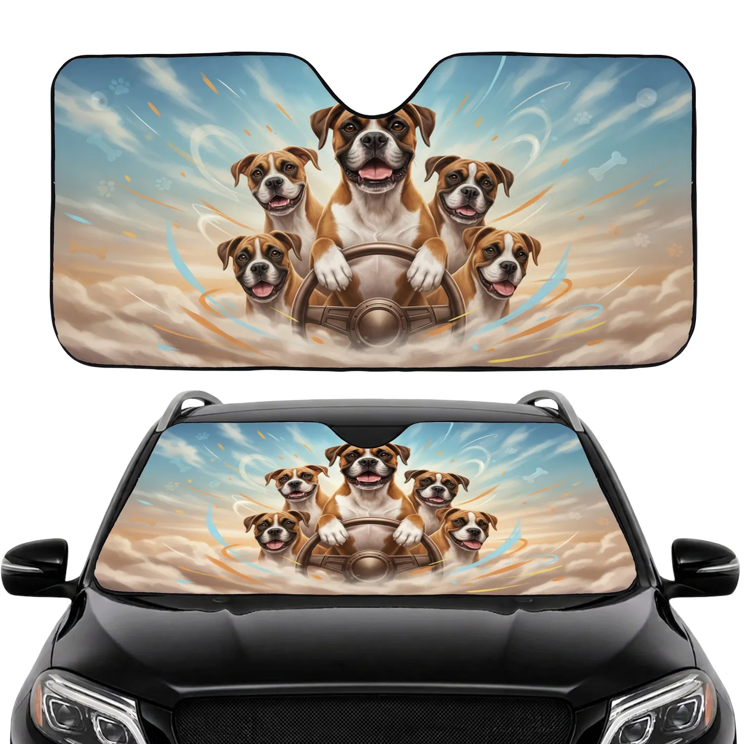 Boxer Dogs Steering Wheel Ride - Dog Lover Gift Car Sunshade - 1