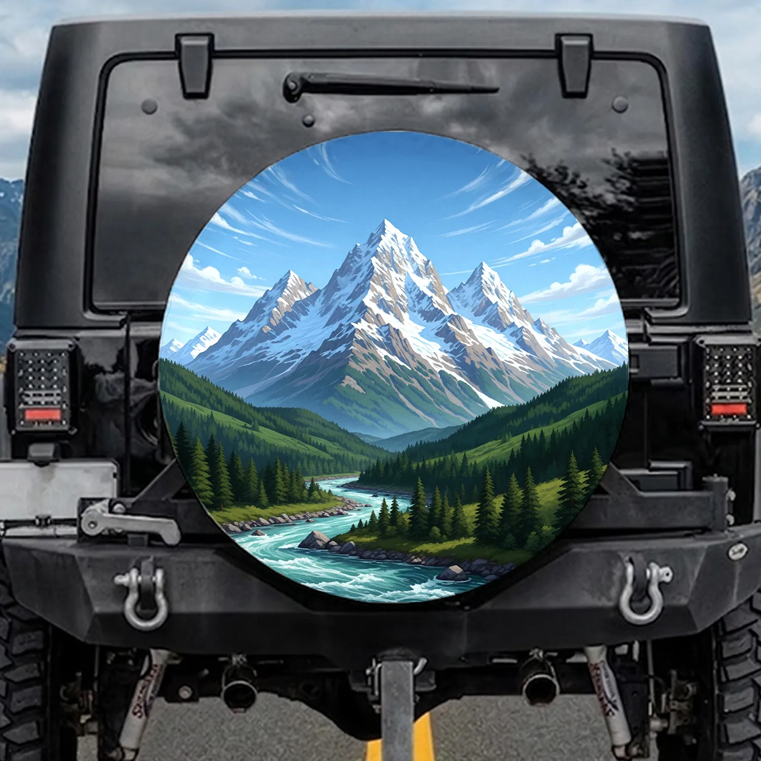 Snow-Capped Mountain Range Green Hills River - Outdoor Adventure Gift for Travelers Spare Tire Cover - 1
