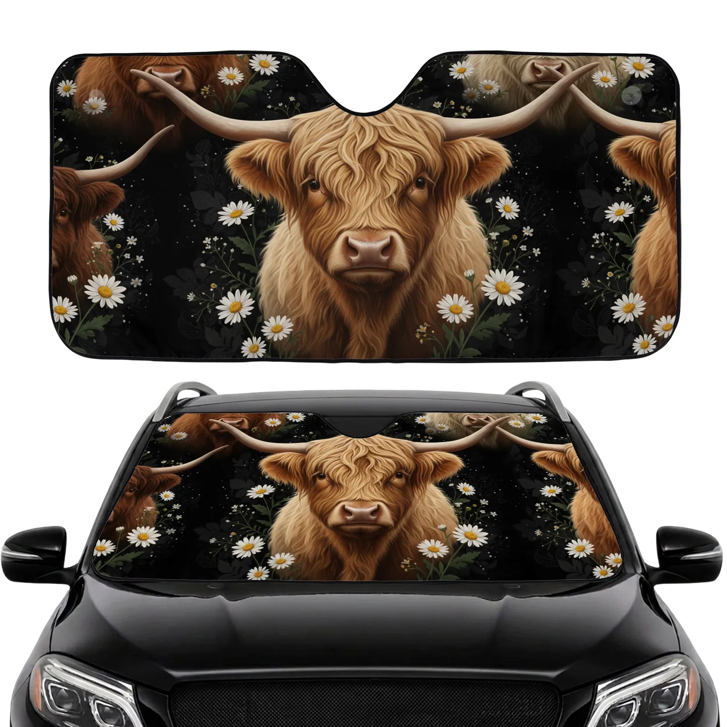 Majestic Highland Cow Daisy Flowers Dark Background - Wildlife Lover Gift Car Sunshade - 1