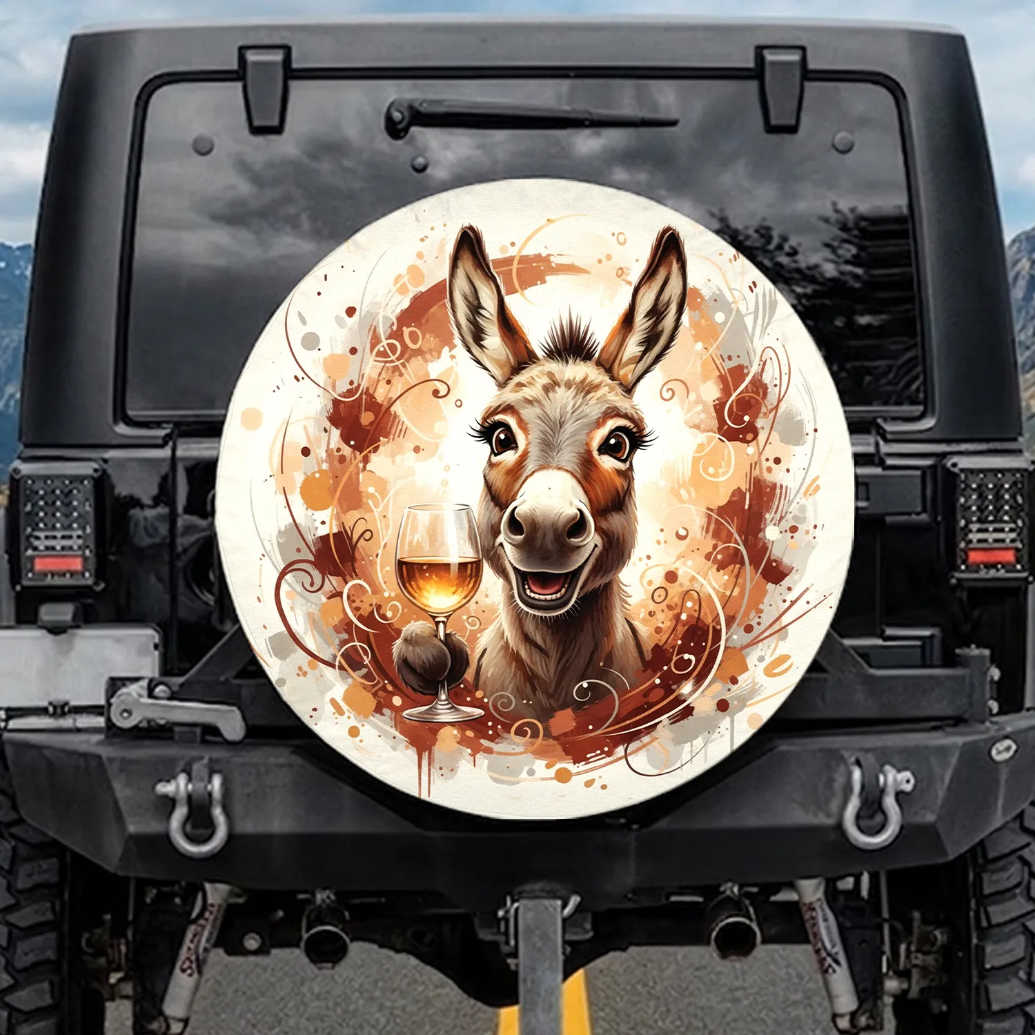 Donkey Holding Wine Glass Expressive Face - Farmhouse Animal Lover Car Decor Gift Spare Tire Cover - 1