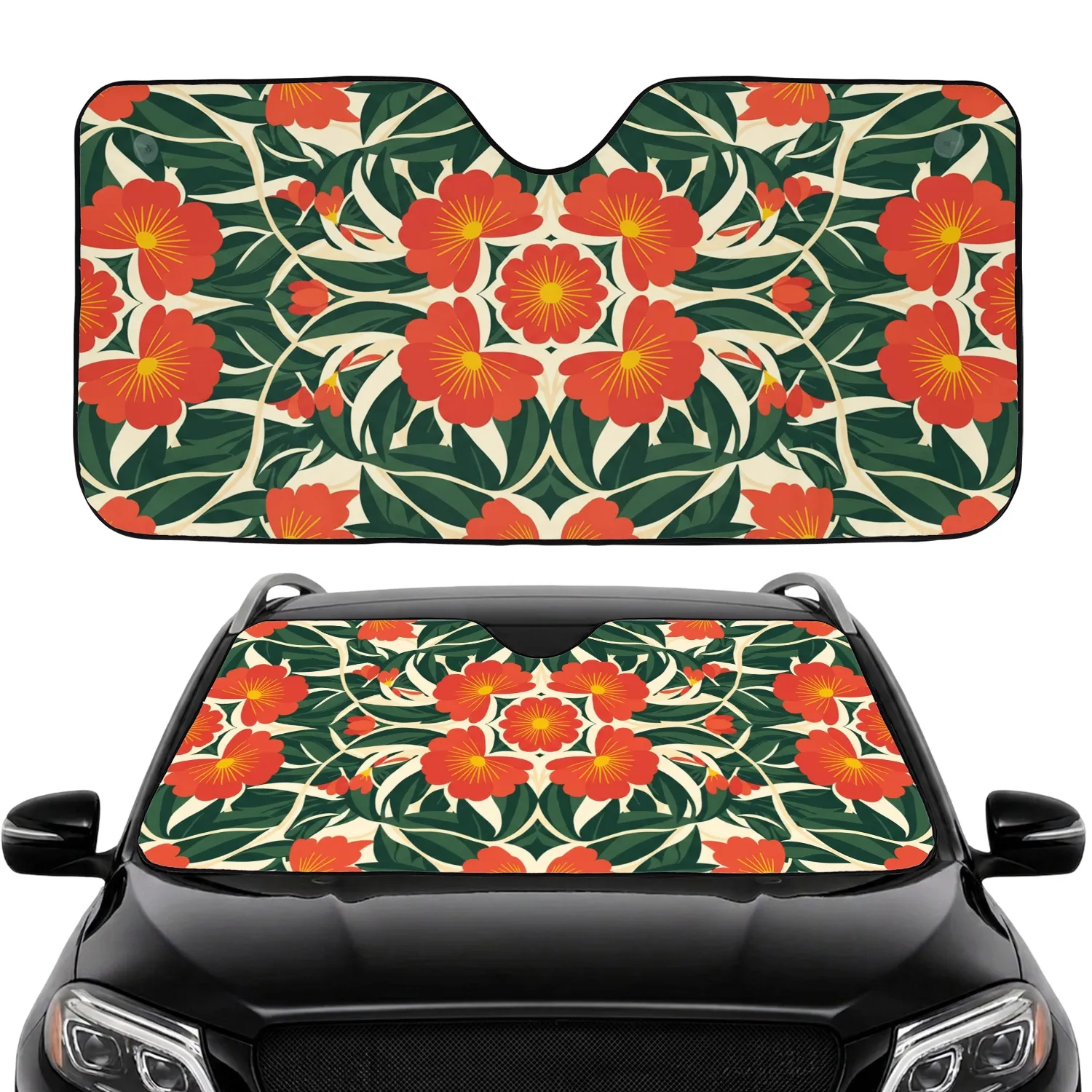 Red-Orange Flowers Yellow Centers Green Leaves Botanical - Car Decor Lifestyle Gift Car Sunshade - 1