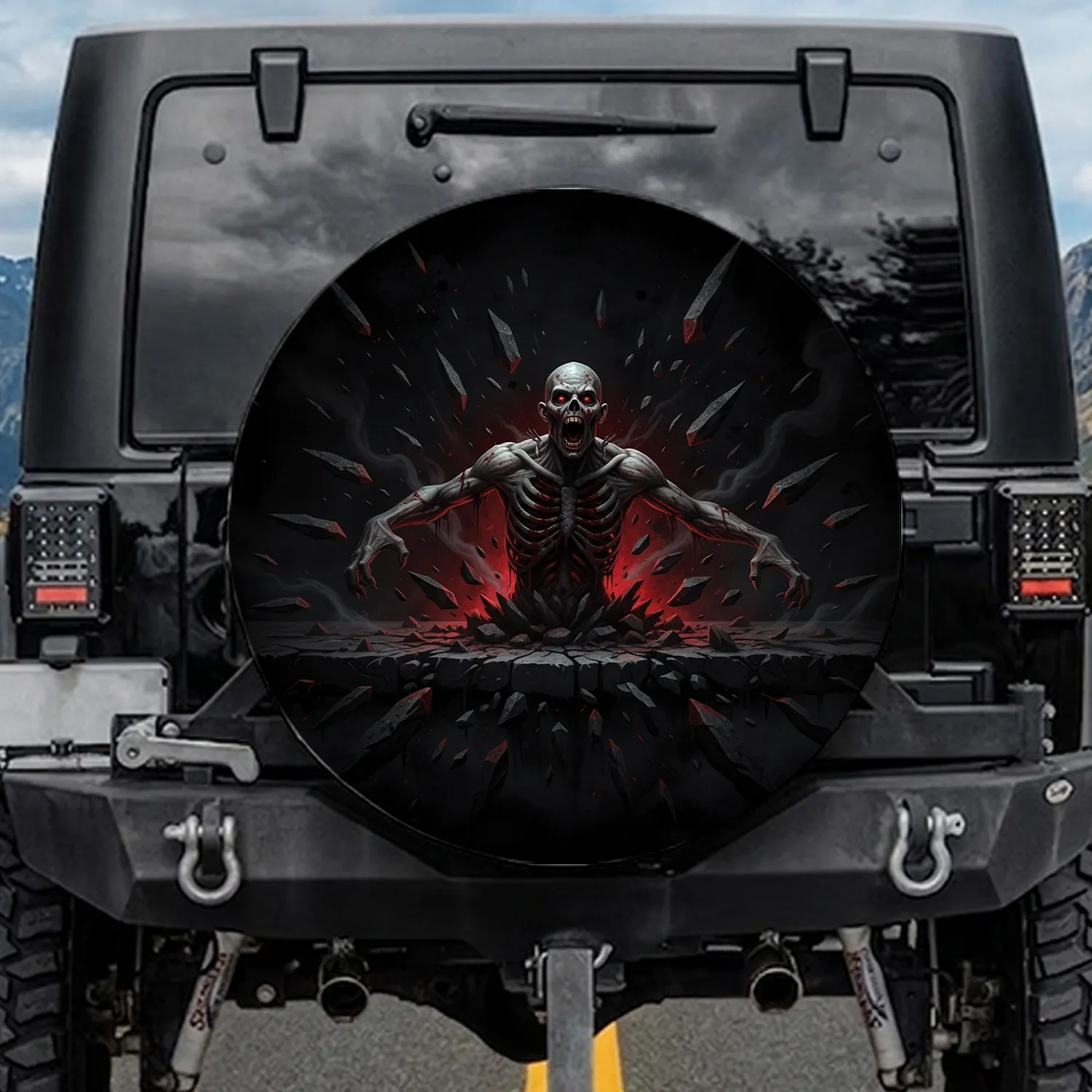 Terrifying Snarling Zombie Bloody Ribcage Emerging Shattered Concrete - Horror Fan Gift Spare Tire Cover - 1