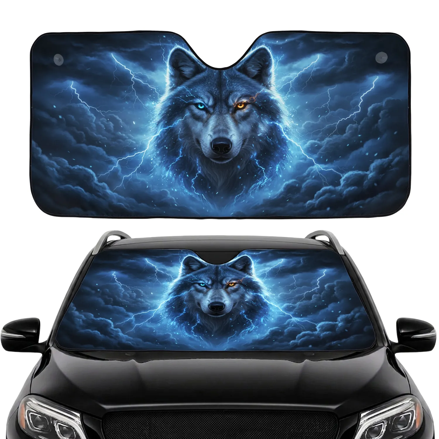 Majestic Wolf Blue Gold Eyes Tumultuous Storm Lightning - Wildlife Lover Gift Car Sunshade - 1
