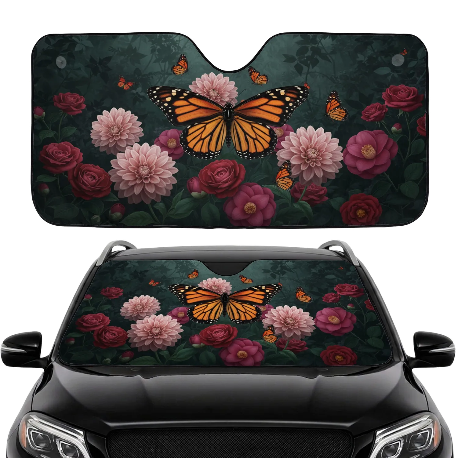 Majestic Monarch Butterflies Vibrant Blooming Garden Roses - Wildlife Lover Gift Car Sunshade - 1
