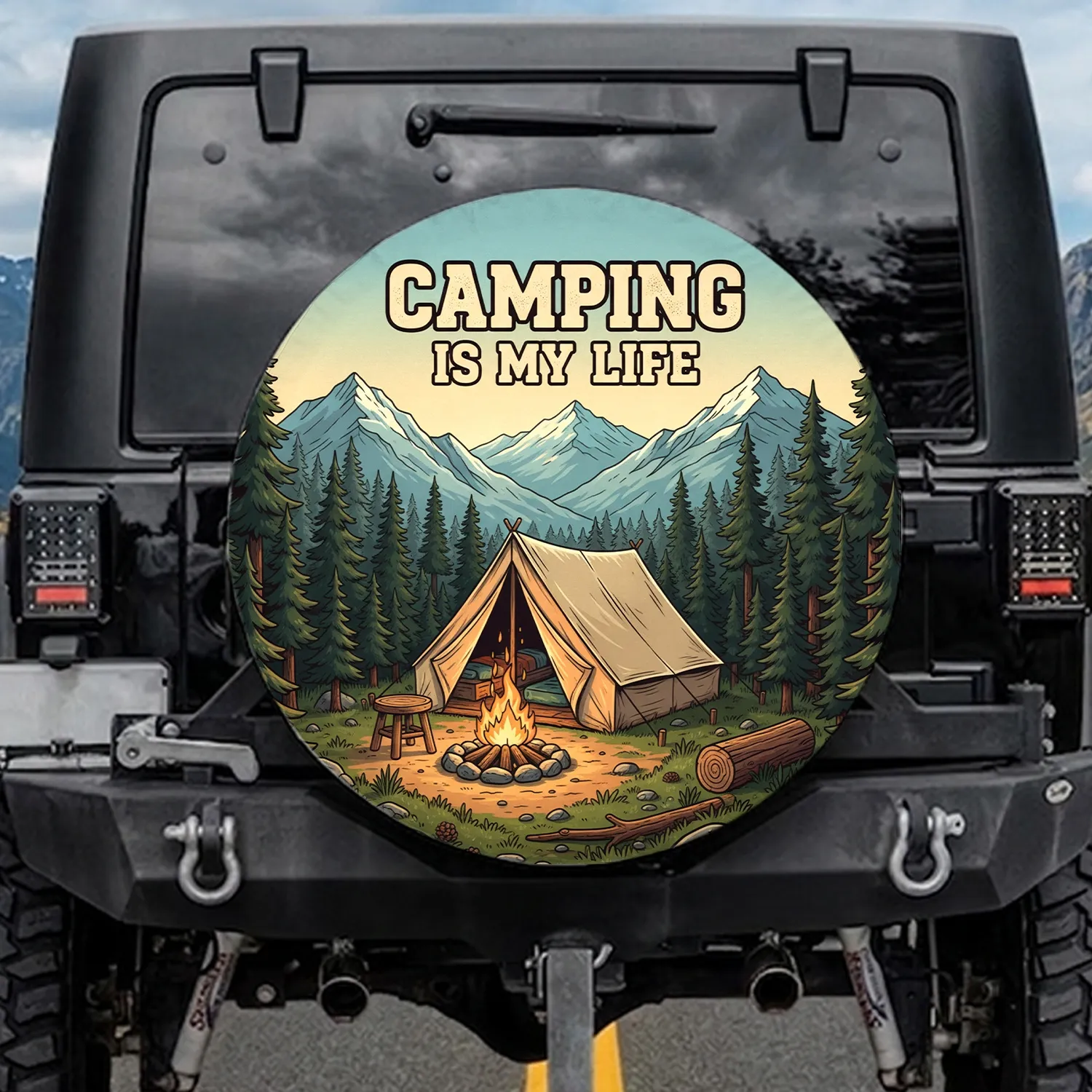 Camping is My Life Rustic Mountain Scene - Outdoor Adventure Gift Spare Tire Cover - 1