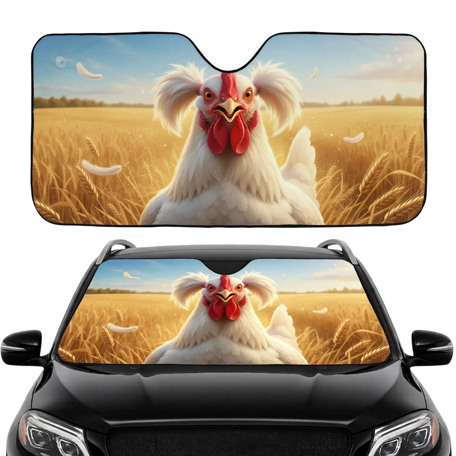 White Hen Pigtails Golden Wheat Field - Farmhouse Decor Gift for Hen Lover Car Sunshade - 1