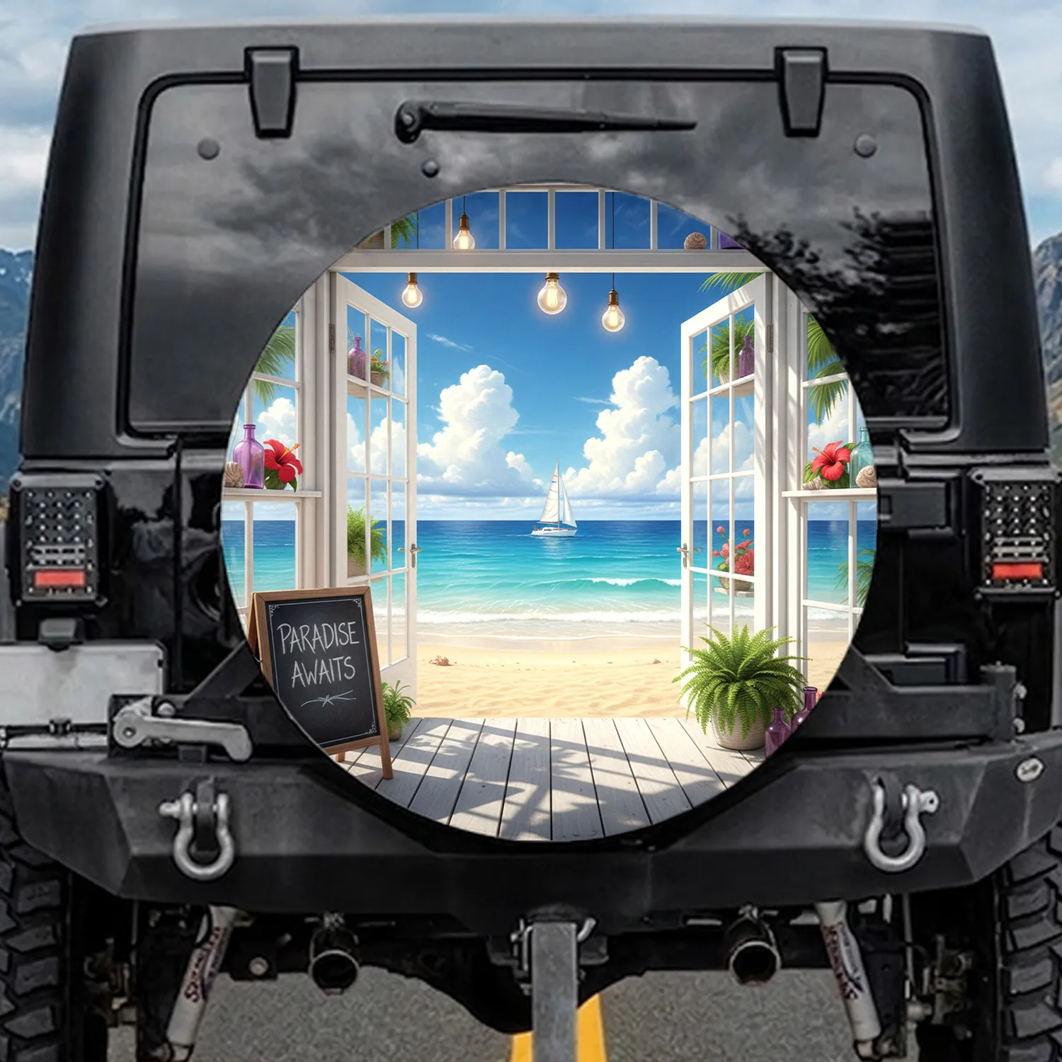 White Boat Tropical Beach Ocean Patio View - Car Decor Gift Spare Tire Cover - 1