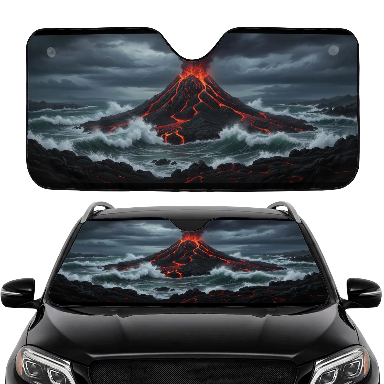 Majestic Volcano Lava Flow Crashing Ocean Waves Rugged Coastal Scene - Nature Lover Gift Car Sunshade - 1