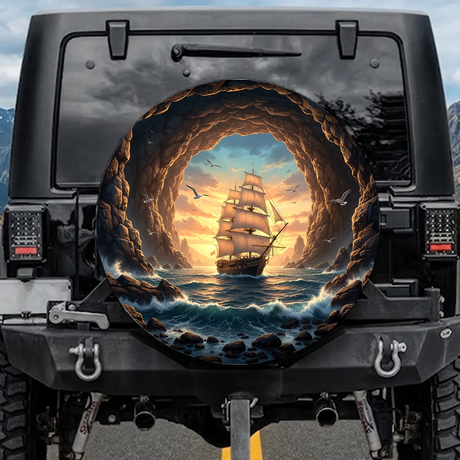 Full-Rigged Ship Sea Cave Sunset Ocean Adventure & Travel Lifestyle Gift Spare Tire Cover - 1