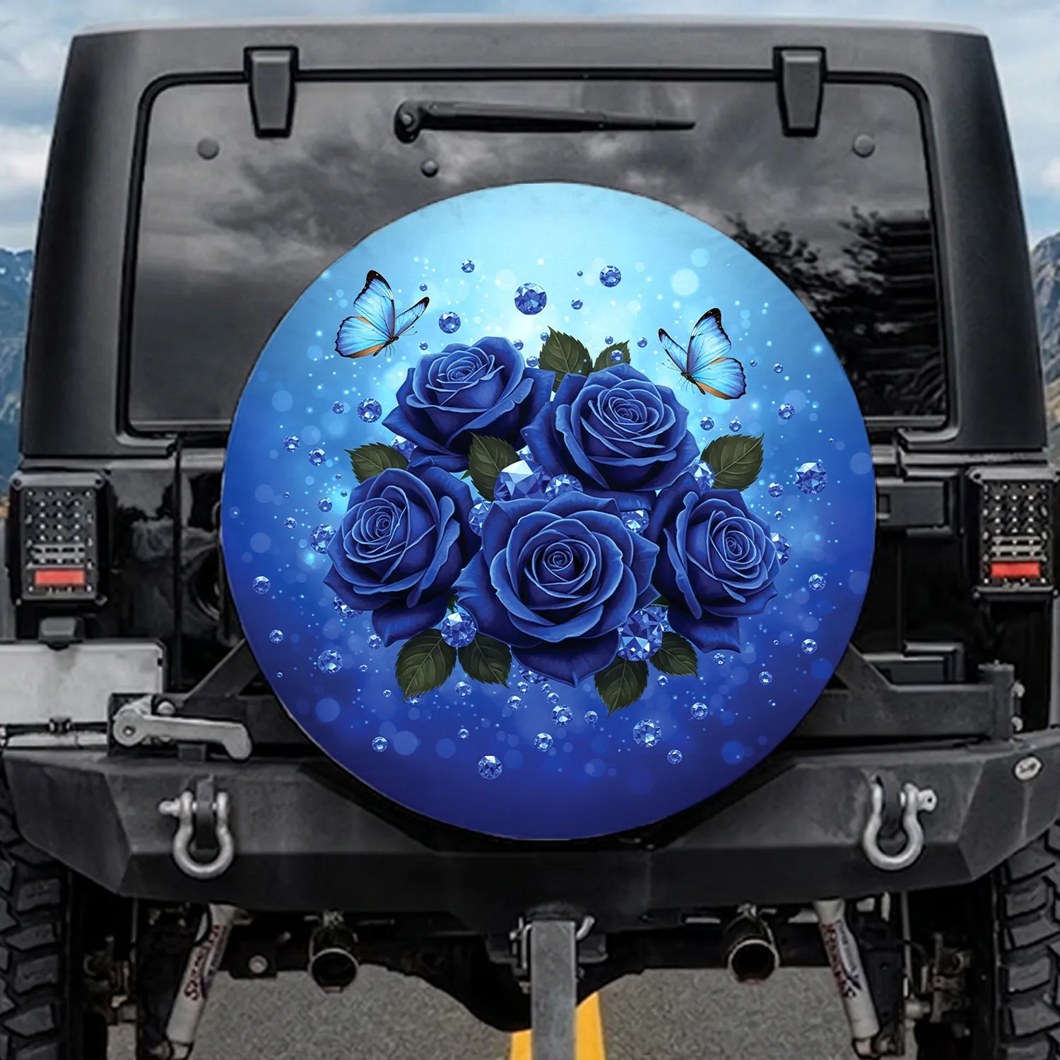 Deep Blue Roses Sapphire Gems Blue Morpho Butterflies - Nature Lover Car Decor Gift Spare Tire Cover - 1