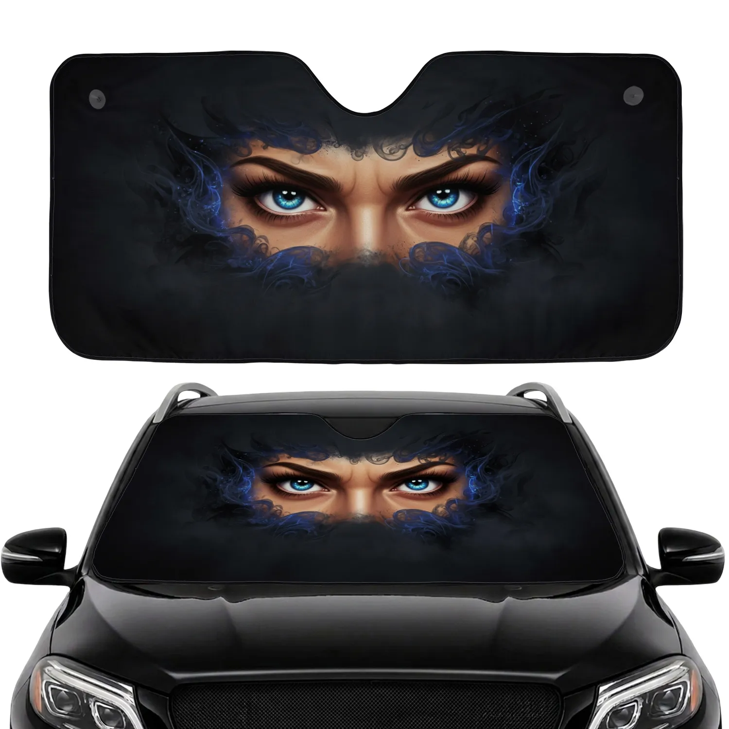 Intense Staring Blue Eyes, Furrowed Brows, Dark Ethereal Smoke - Bold Car Decor Gift Car Sunshade - 1