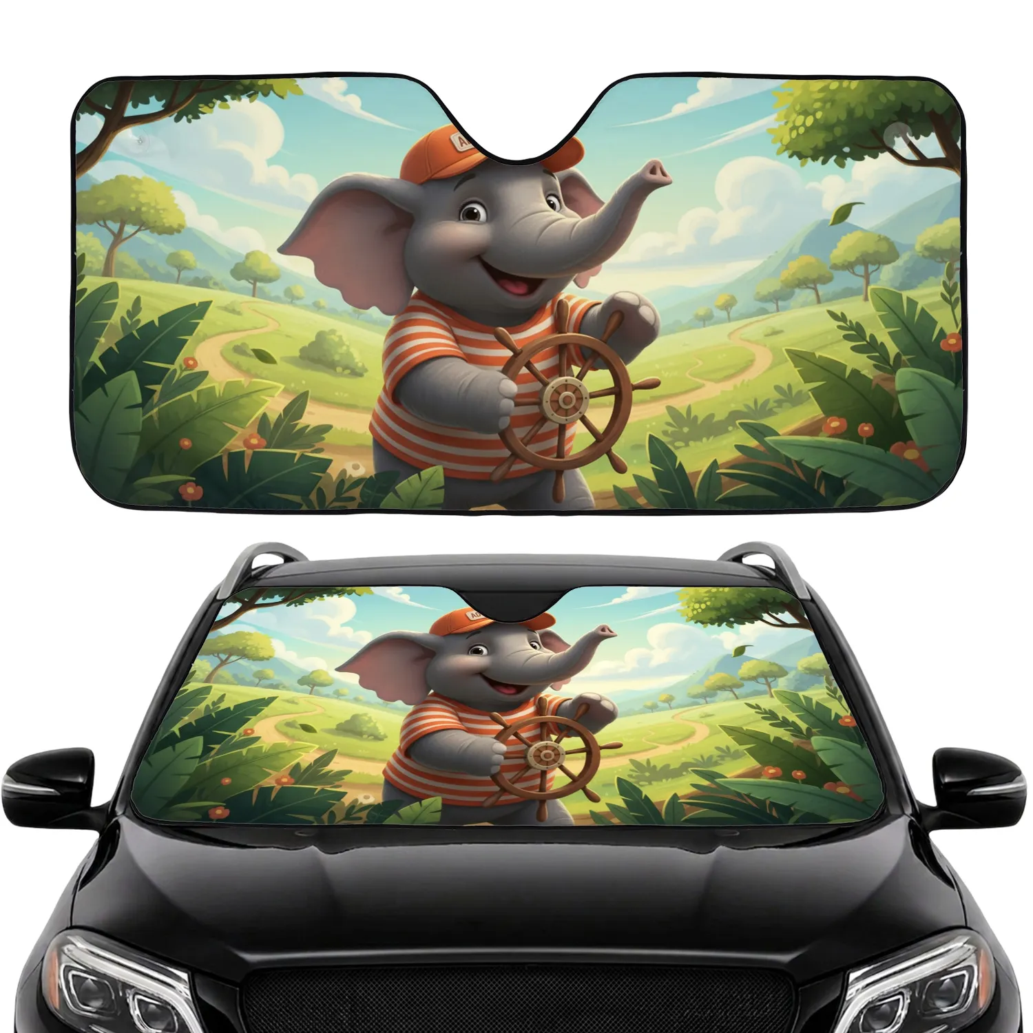 Elephant Orange Cap Steering Wheel Lush Verdant Hills - Road Trip Travel Gift for Elephant Lovers Car Sunshade - 1