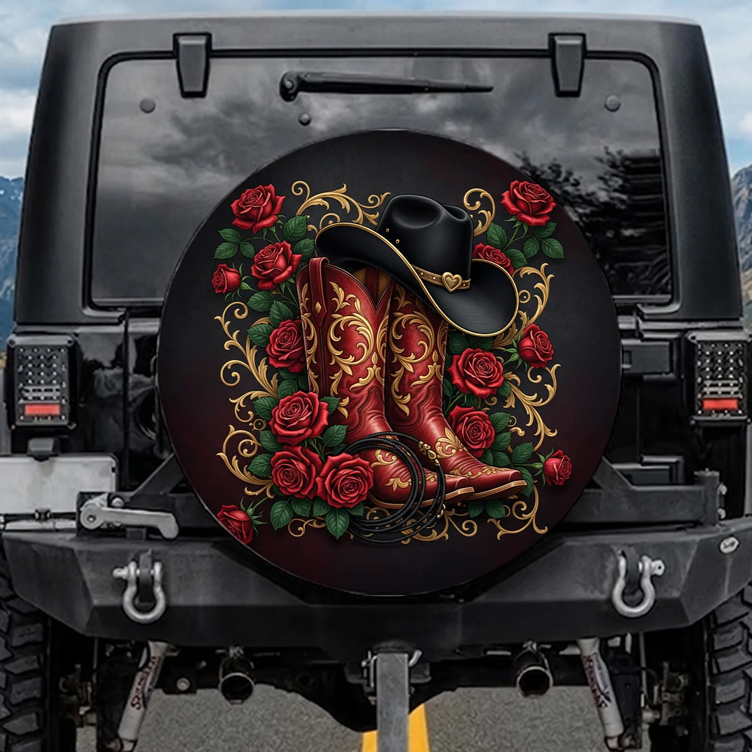 Red Cowboy Boots Black Hat Roses Lasso - Western Lifestyle Cowboy Lover Gift Spare Tire Cover - 1